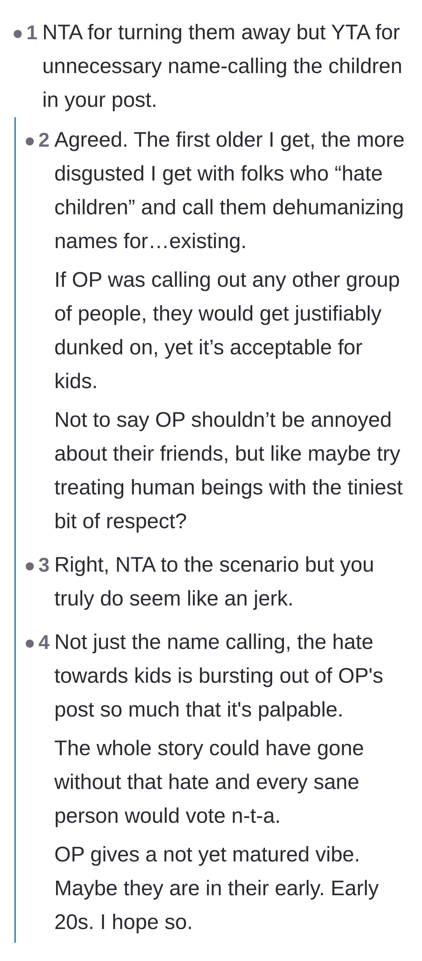 Comment thread 3 - A debate calling out the host for using derogatory terms like 'crotch goblins' and having intense hatred for children.