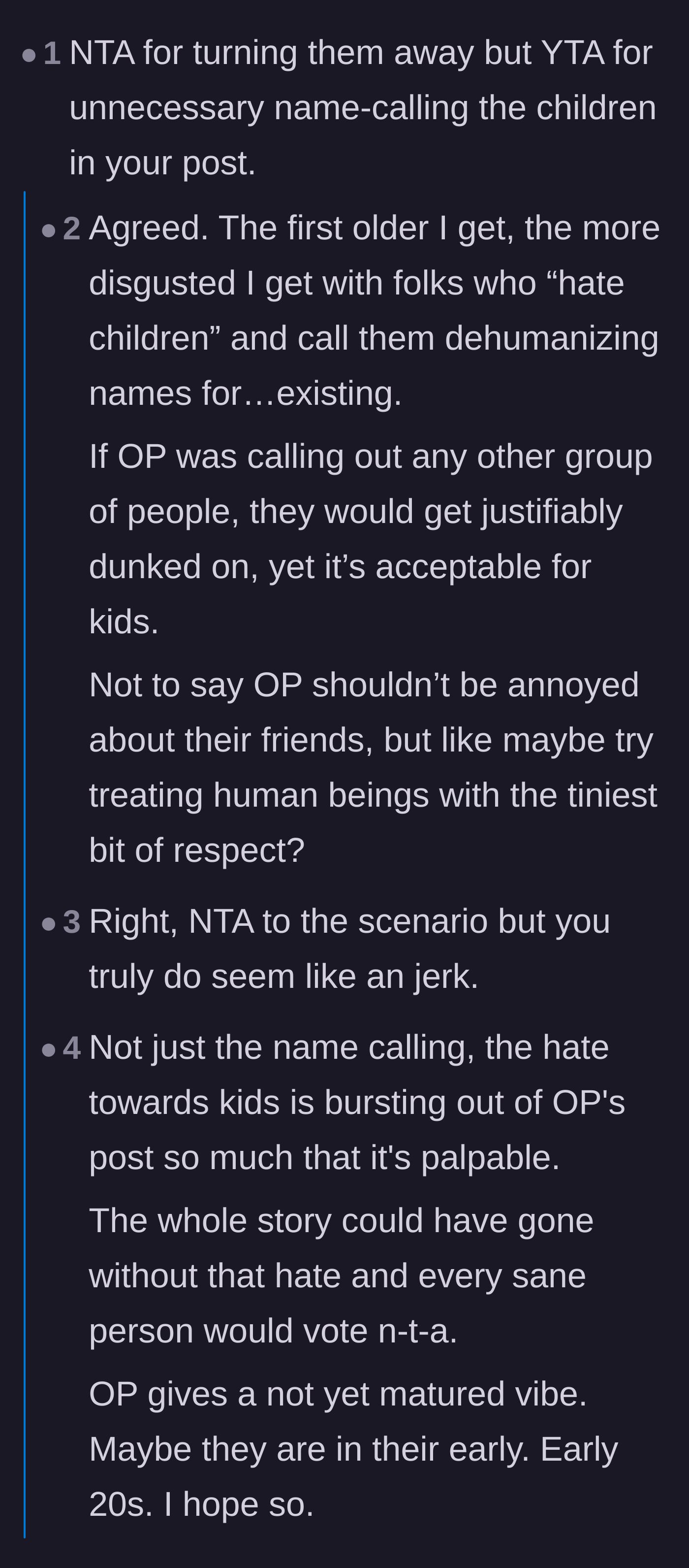 Comment thread 3 - A debate calling out the host for using derogatory terms like 'crotch goblins' and having intense hatred for children.