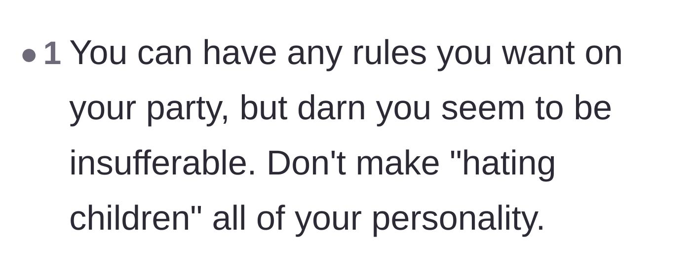 Comment thread 6 - A reader telling the host that they seem insufferable and shouldn't base their personality on disliking kids.