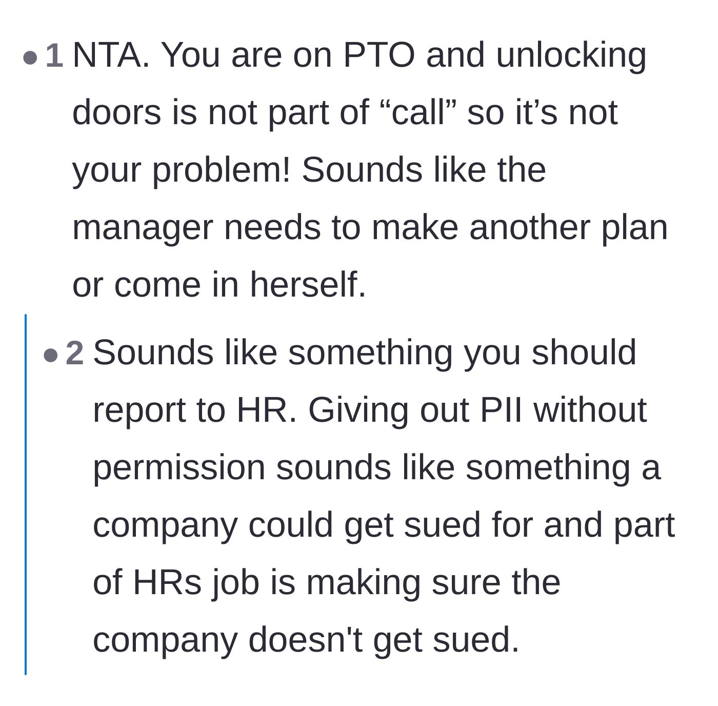 Comment thread 1 - Readers pointing out the manager's failure to plan and the legal risk of sharing personal phone numbers.