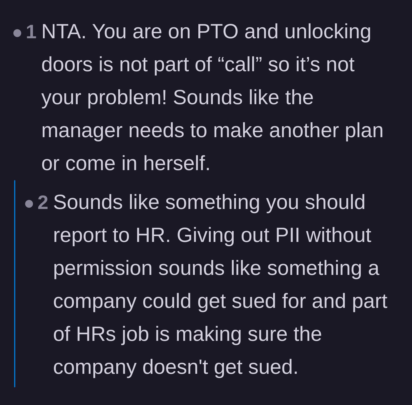 Comment thread 1 - Readers pointing out the manager's failure to plan and the legal risk of sharing personal phone numbers.