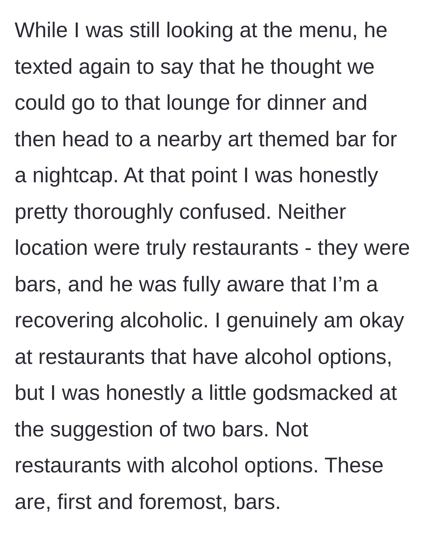 Story part 5 - He follows up by suggesting they go from the cocktail lounge to a second, art-themed bar for a nightcap, leaving her totally stunned.