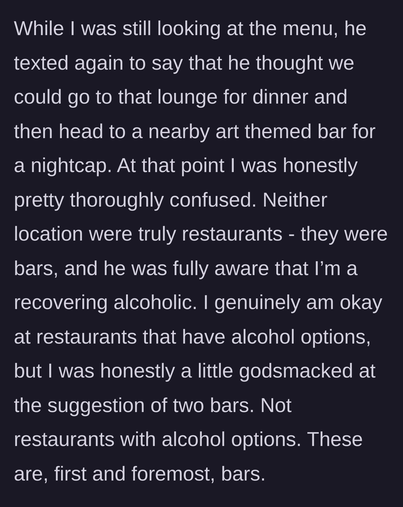 Story part 5 - He follows up by suggesting they go from the cocktail lounge to a second, art-themed bar for a nightcap, leaving her totally stunned.