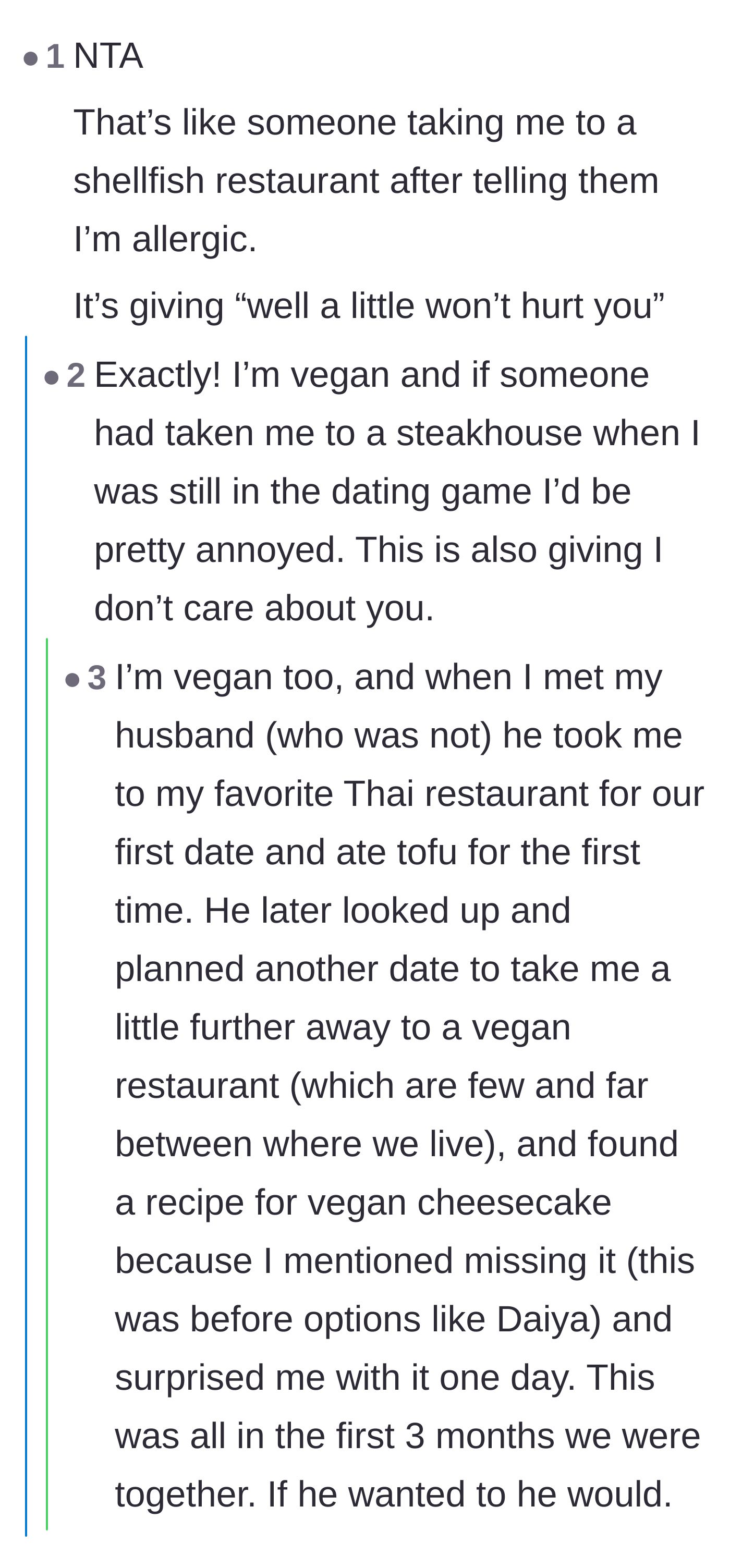Comment thread 4 - Readers comparing the situation to ignoring food allergies, sharing heartwarming stories of partners who actually put in the effort.