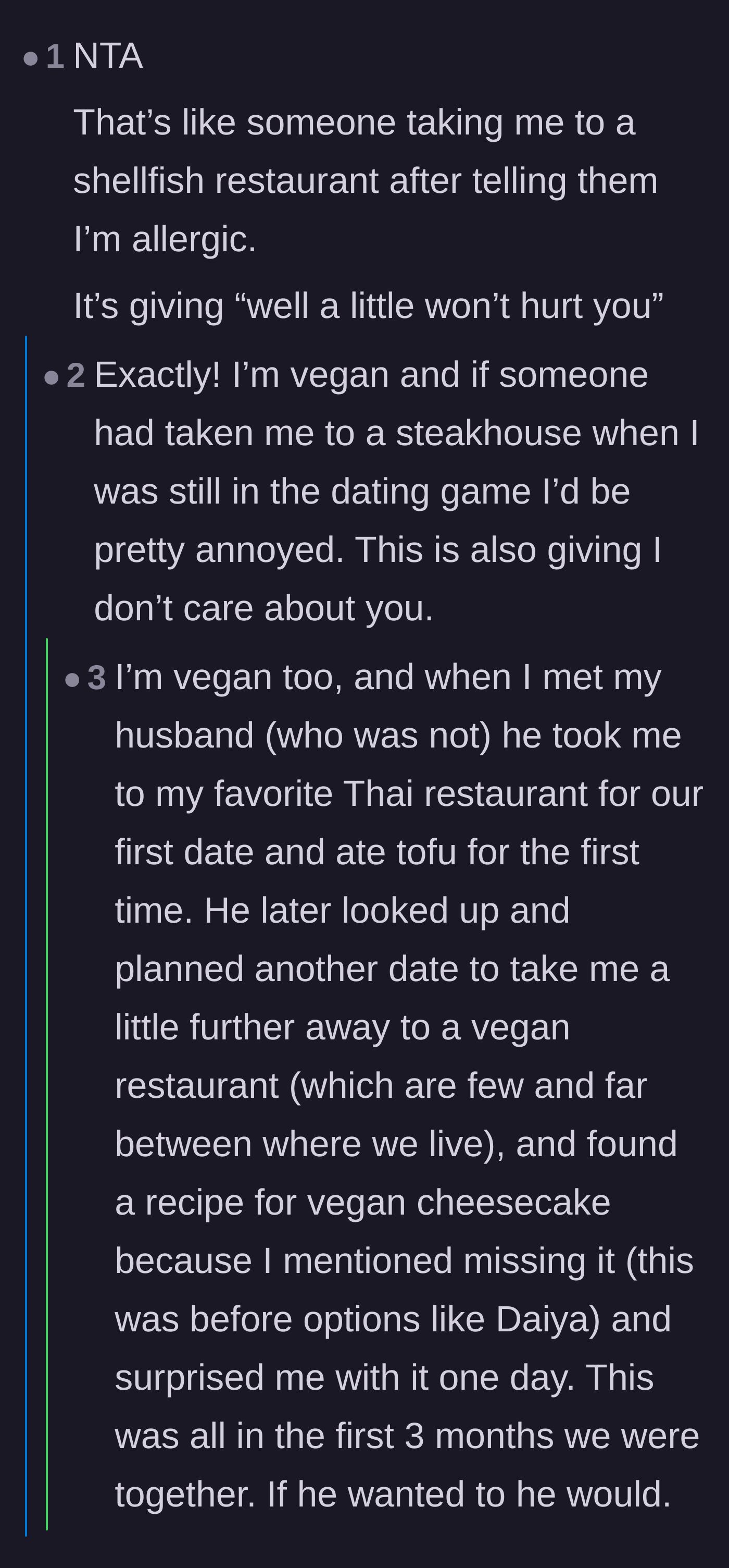 Comment thread 4 - Readers comparing the situation to ignoring food allergies, sharing heartwarming stories of partners who actually put in the effort.
