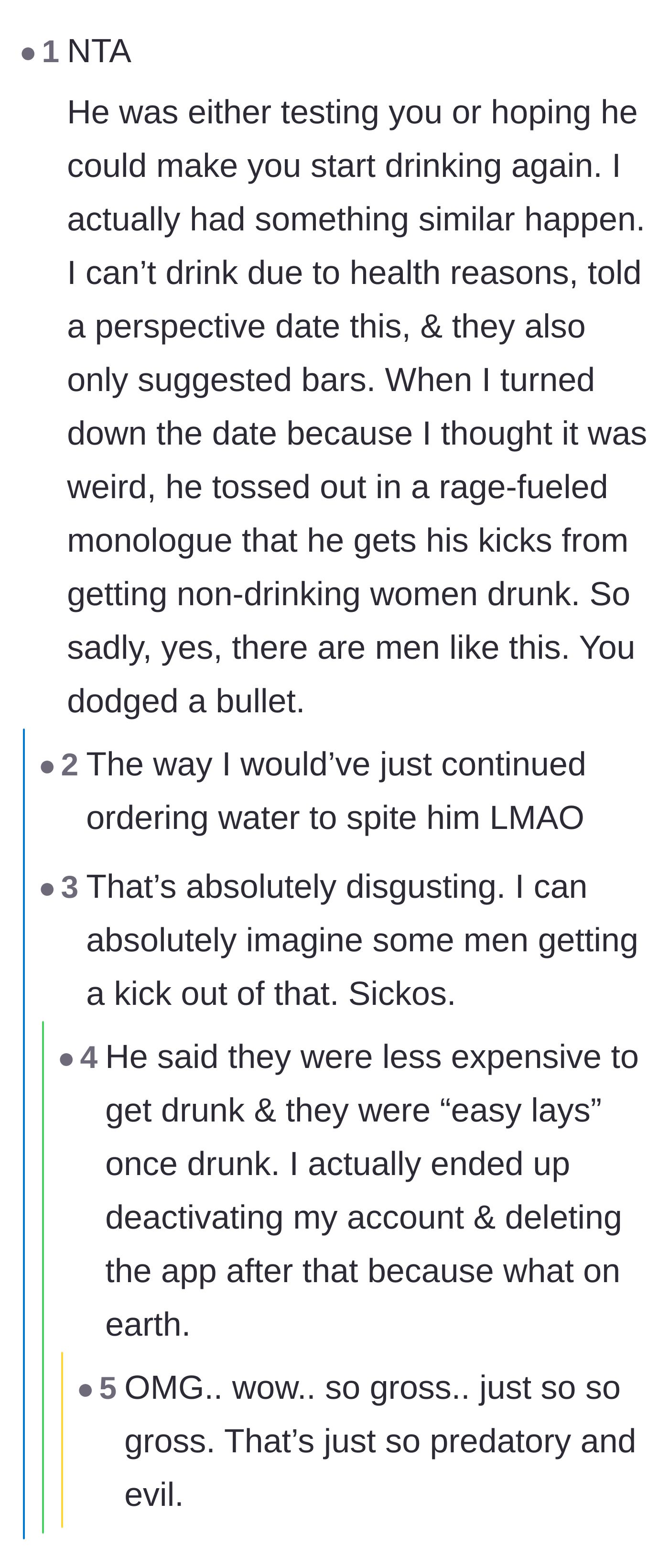 Comment thread 5 - A terrifying personal story from a reader whose date admitted to purposely taking sober women to bars to take advantage of them.