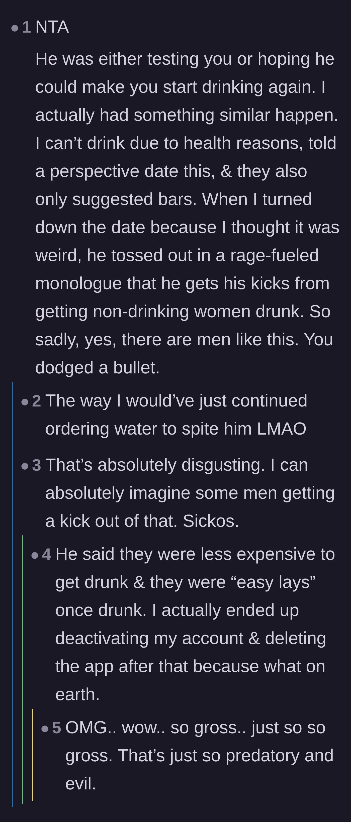 Comment thread 5 - A terrifying personal story from a reader whose date admitted to purposely taking sober women to bars to take advantage of them.