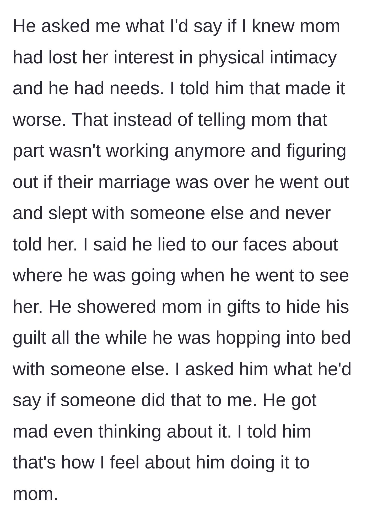 Story part 4 - The father blames the mother's lack of intimacy for his affair, and the daughter asks how he'd react if a man did that to her.