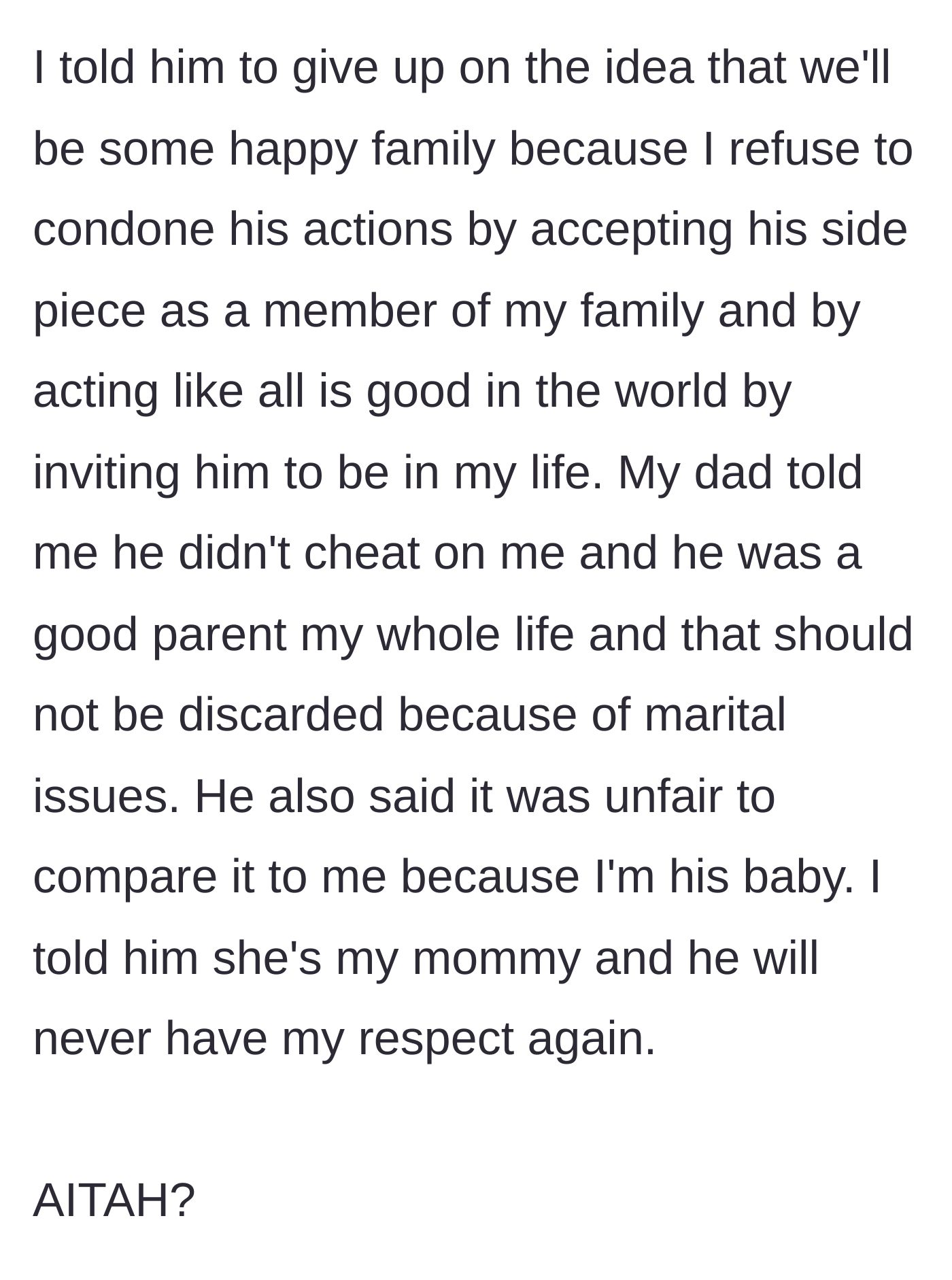 Story part 5 - The father insists he was a good dad and shouldn't be discarded, but the daughter firmly chooses her mother's side.