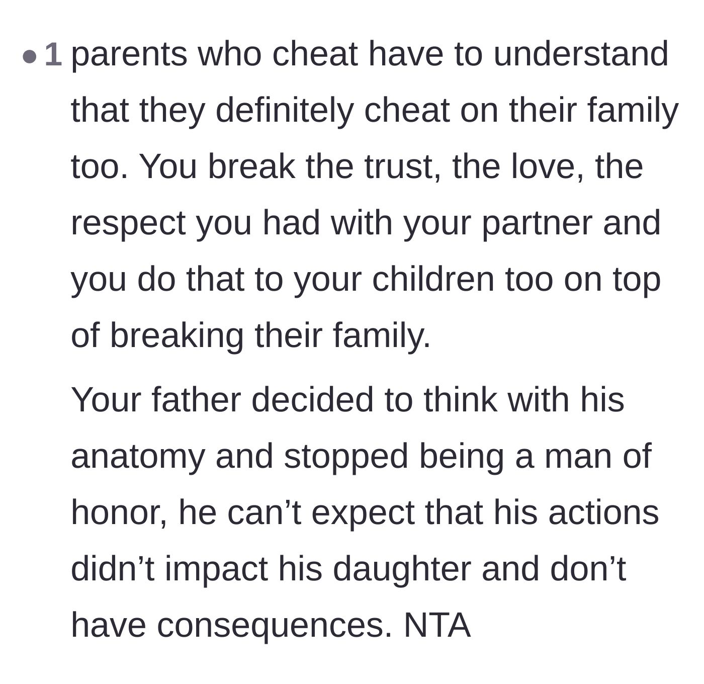 Comment thread 2 - A discussion on how infidelity is a betrayal of the entire family unit, not just the spouse.