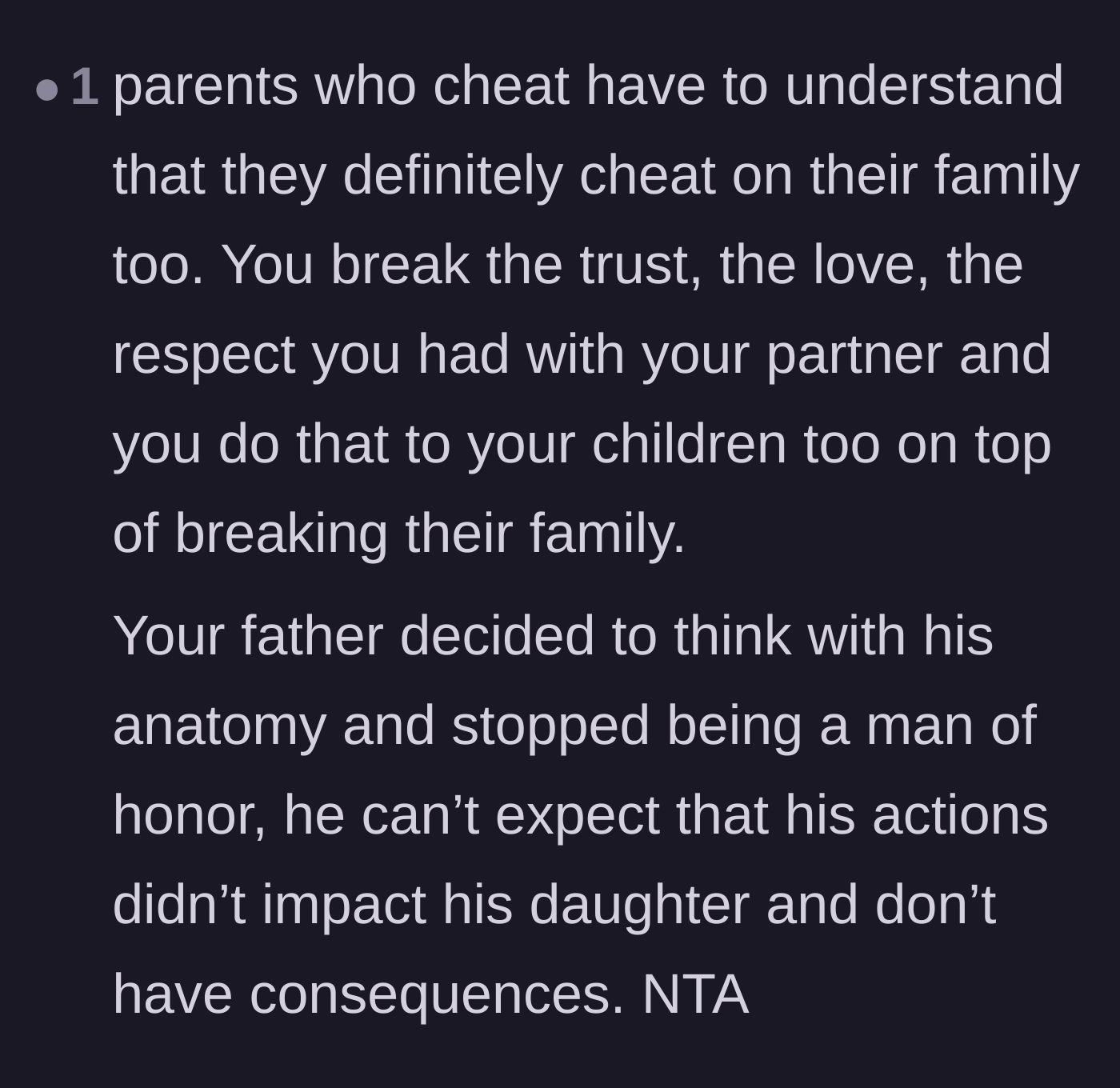 Comment thread 2 - A discussion on how infidelity is a betrayal of the entire family unit, not just the spouse.