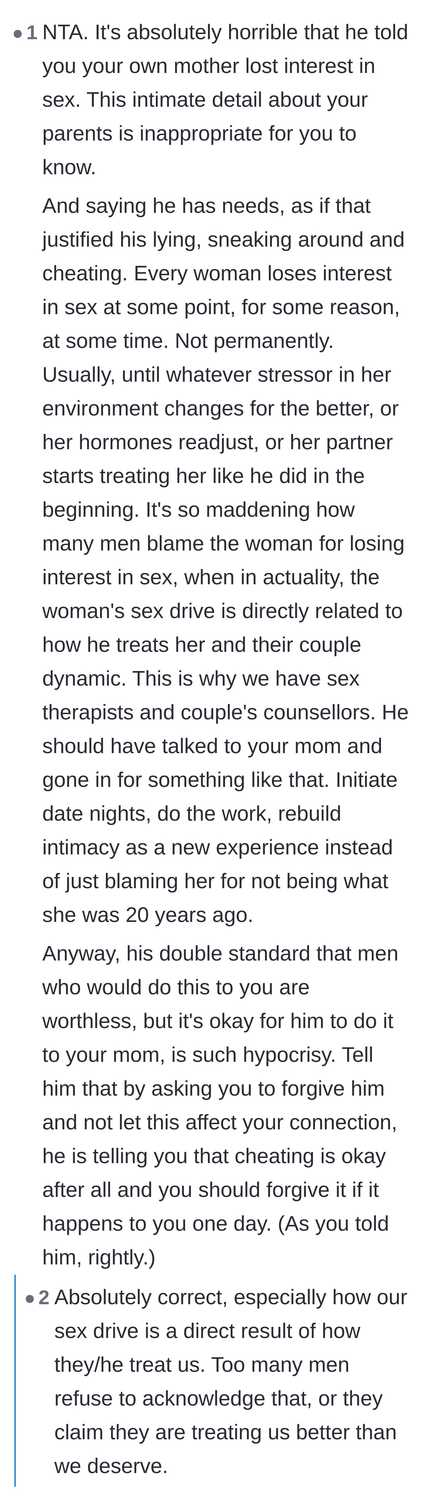 Comment thread 3 - Users condemning the father for oversharing intimate details about the mother and discussing how a partner's behavior impacts intimacy.