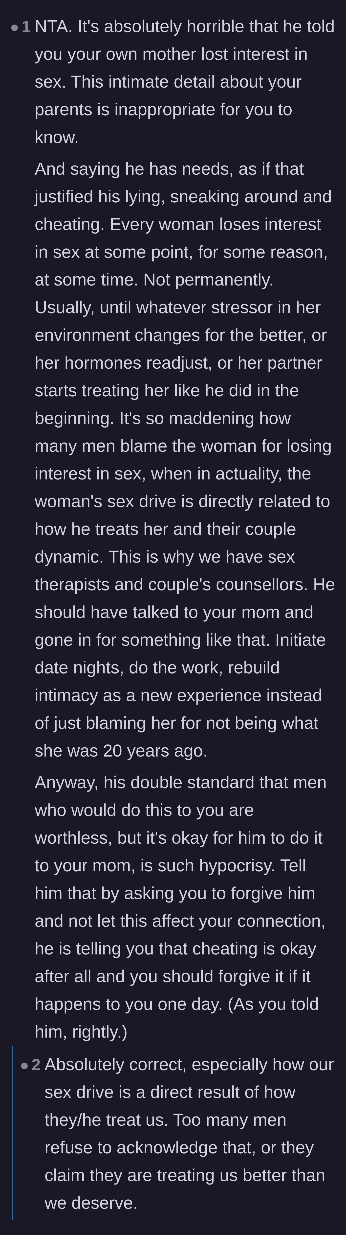 Comment thread 3 - Users condemning the father for oversharing intimate details about the mother and discussing how a partner's behavior impacts intimacy.