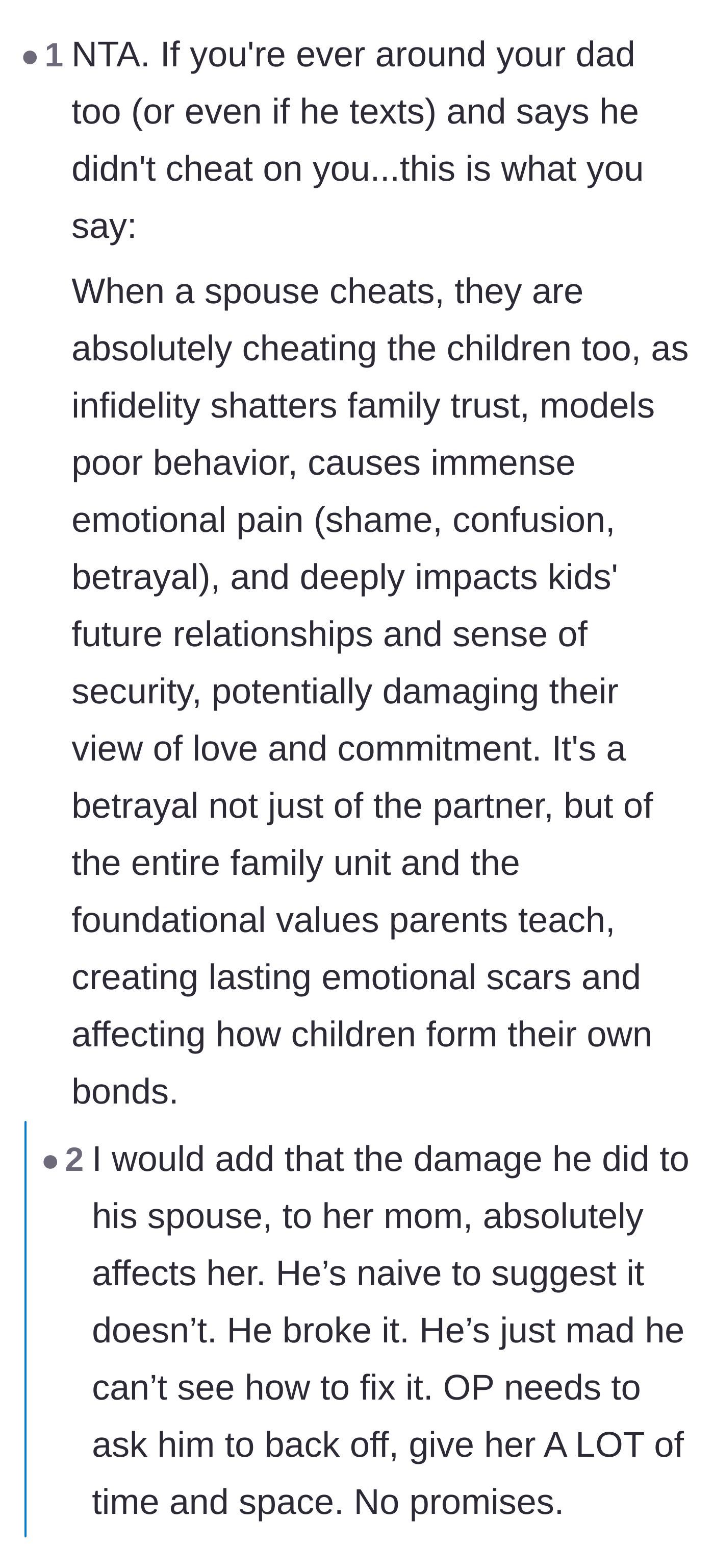 Comment thread 4 - Advice offering a script for the daughter to explain how her father's infidelity shattered her own sense of trust and security.