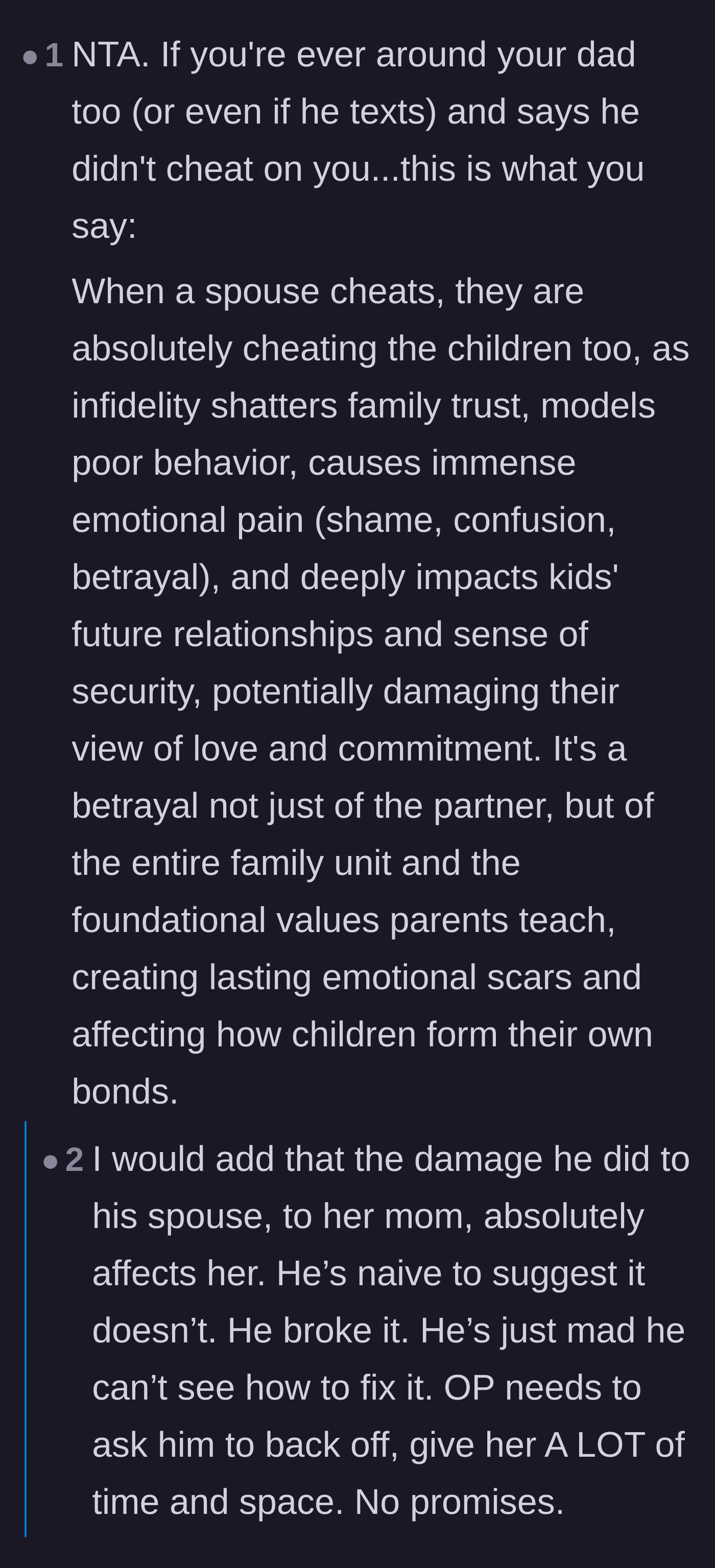 Comment thread 4 - Advice offering a script for the daughter to explain how her father's infidelity shattered her own sense of trust and security.