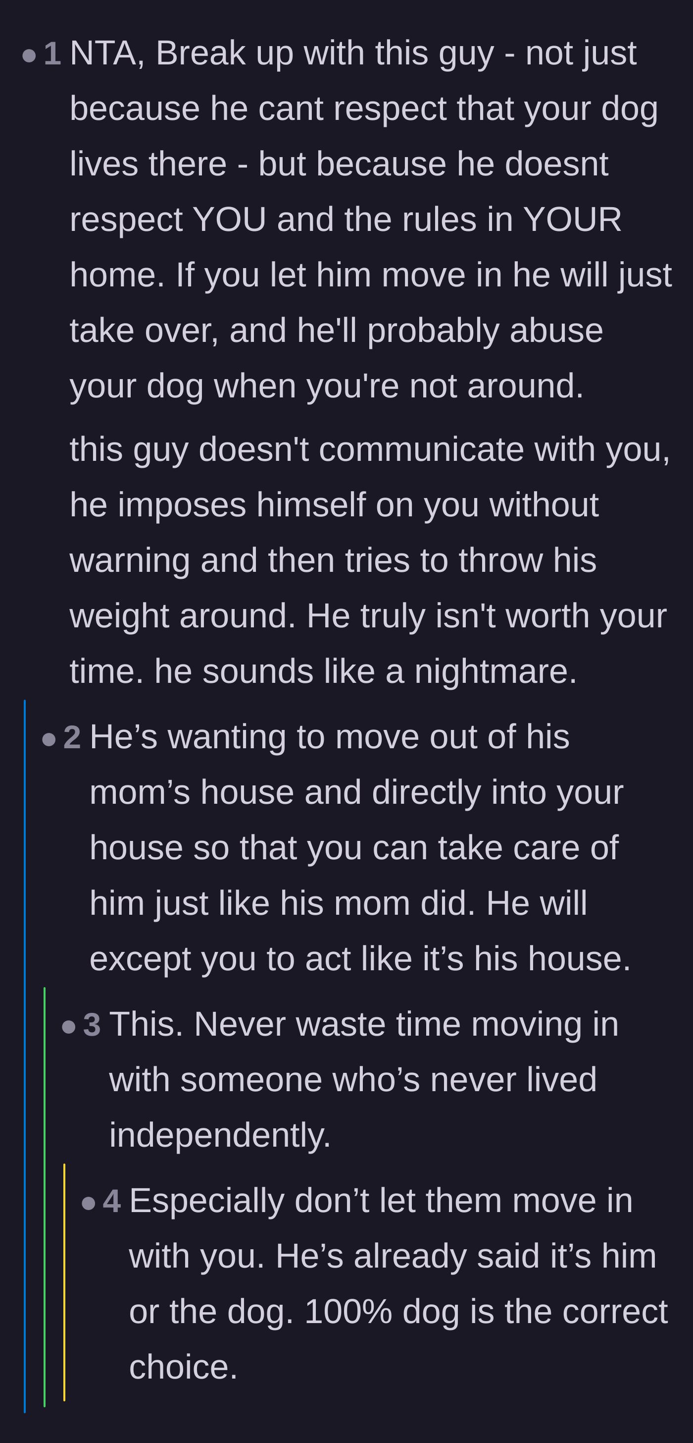 Comment thread 1 - Readers point out that the boyfriend is looking for a new mother figure to take care of him, not an equal partnership.