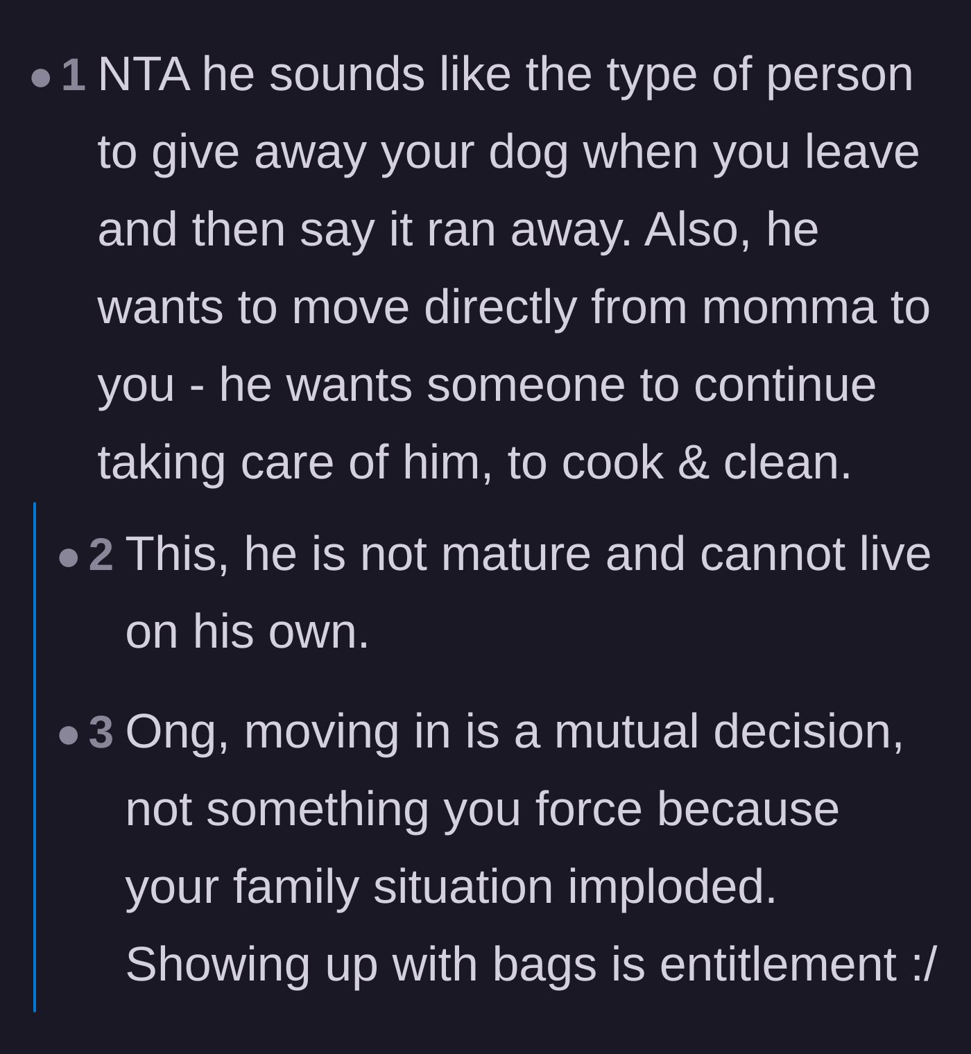 Comment thread 3 - Warnings that an entitled partner might secretly give the dog away while the girlfriend isn't home.
