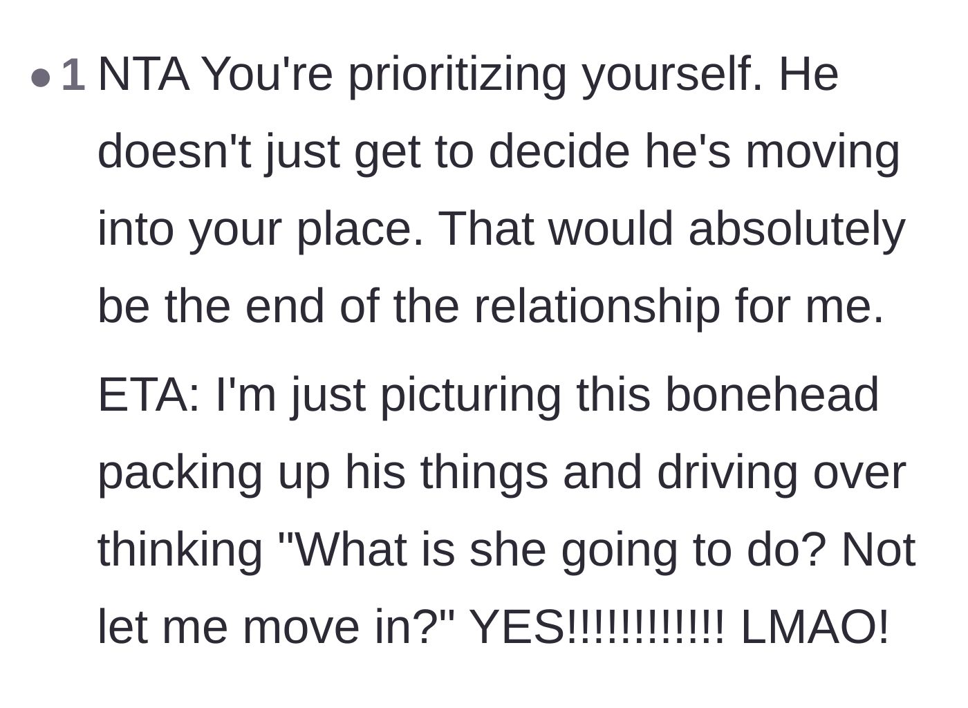Comment thread 4 - Readers laughing at the visual of the boyfriend confidently driving over with his bags, assuming she wouldn't turn him away.