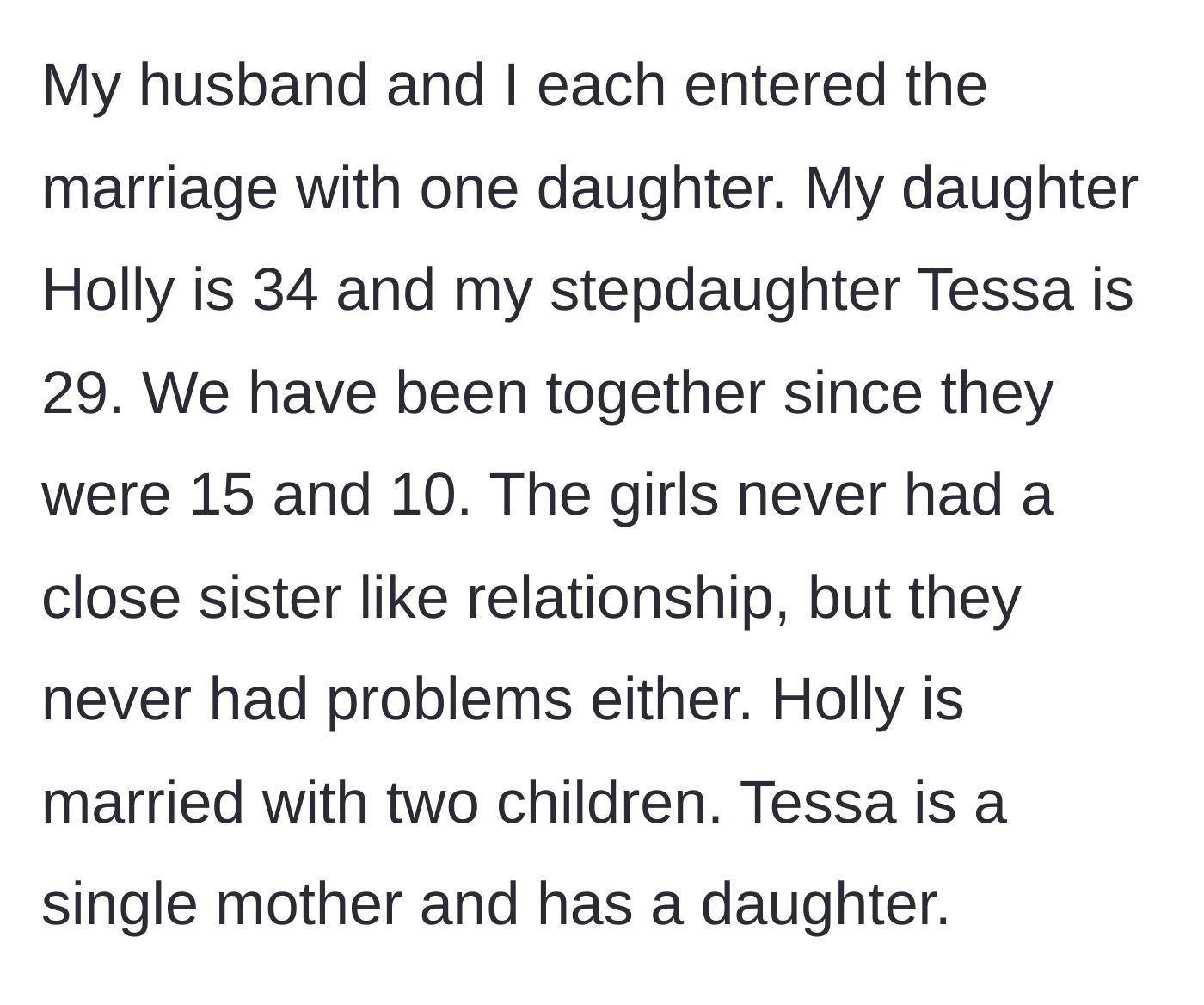 Story part 1 - A mother explains her blended family dynamic, introducing her married daughter and single stepdaughter who grew up together but were never closely bonded.