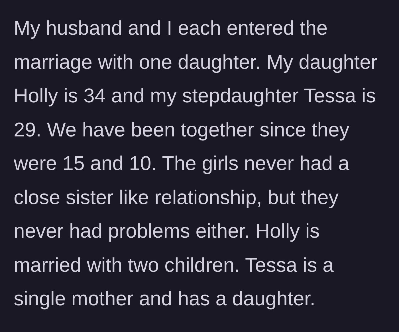 Story part 1 - A mother explains her blended family dynamic, introducing her married daughter and single stepdaughter who grew up together but were never closely bonded.