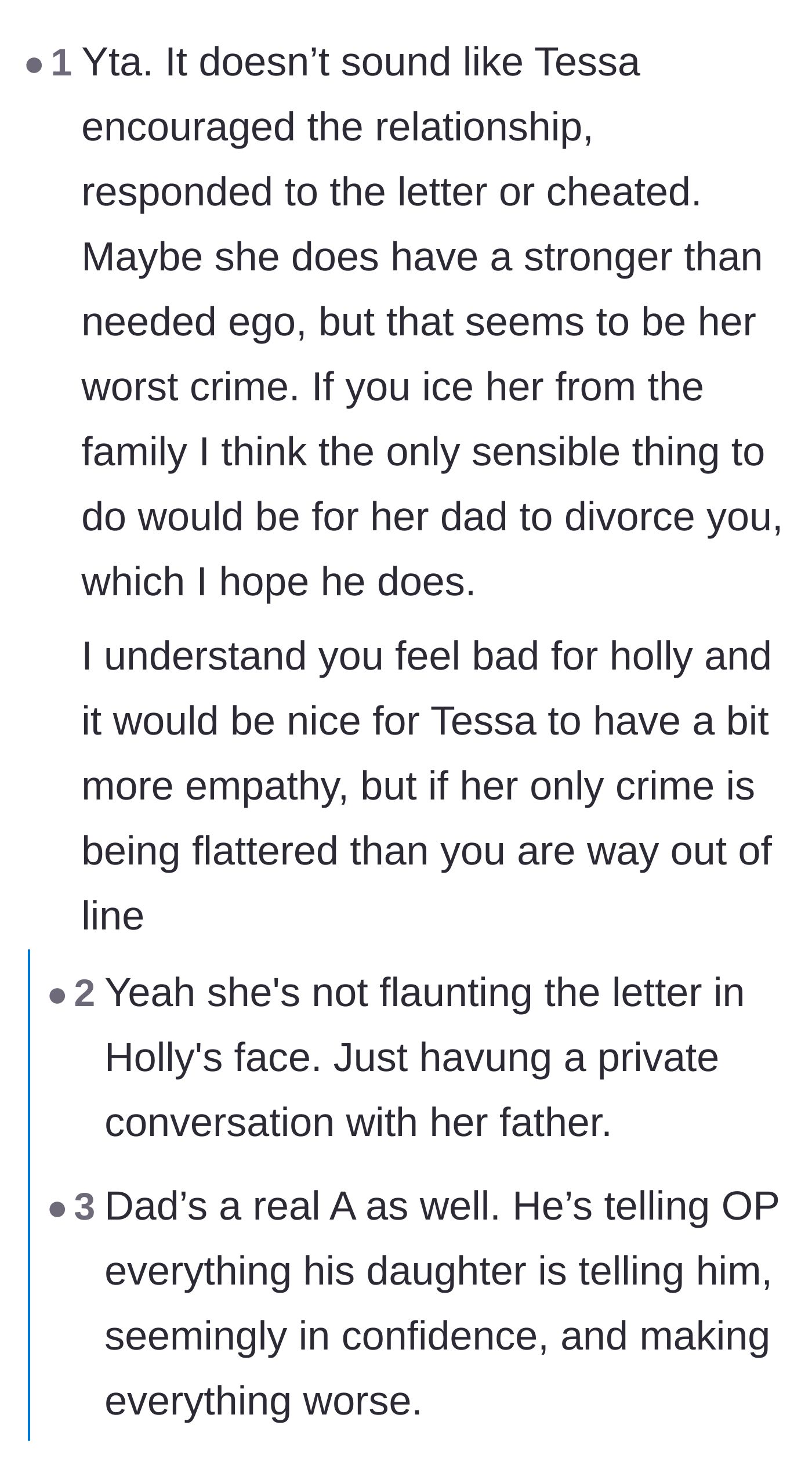 Comment thread 1 - Readers debate whether the mother is unfairly punishing her stepdaughter for the son-in-law's devastating betrayal.