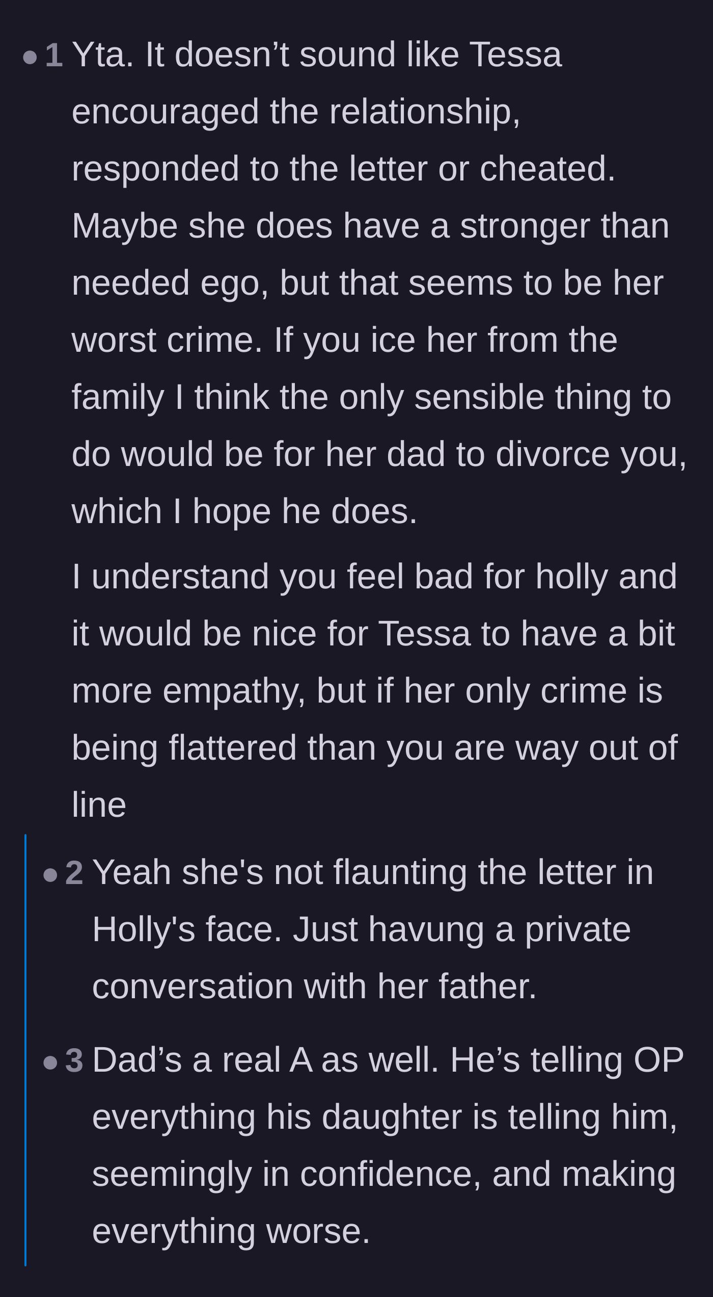 Comment thread 1 - Readers debate whether the mother is unfairly punishing her stepdaughter for the son-in-law's devastating betrayal.