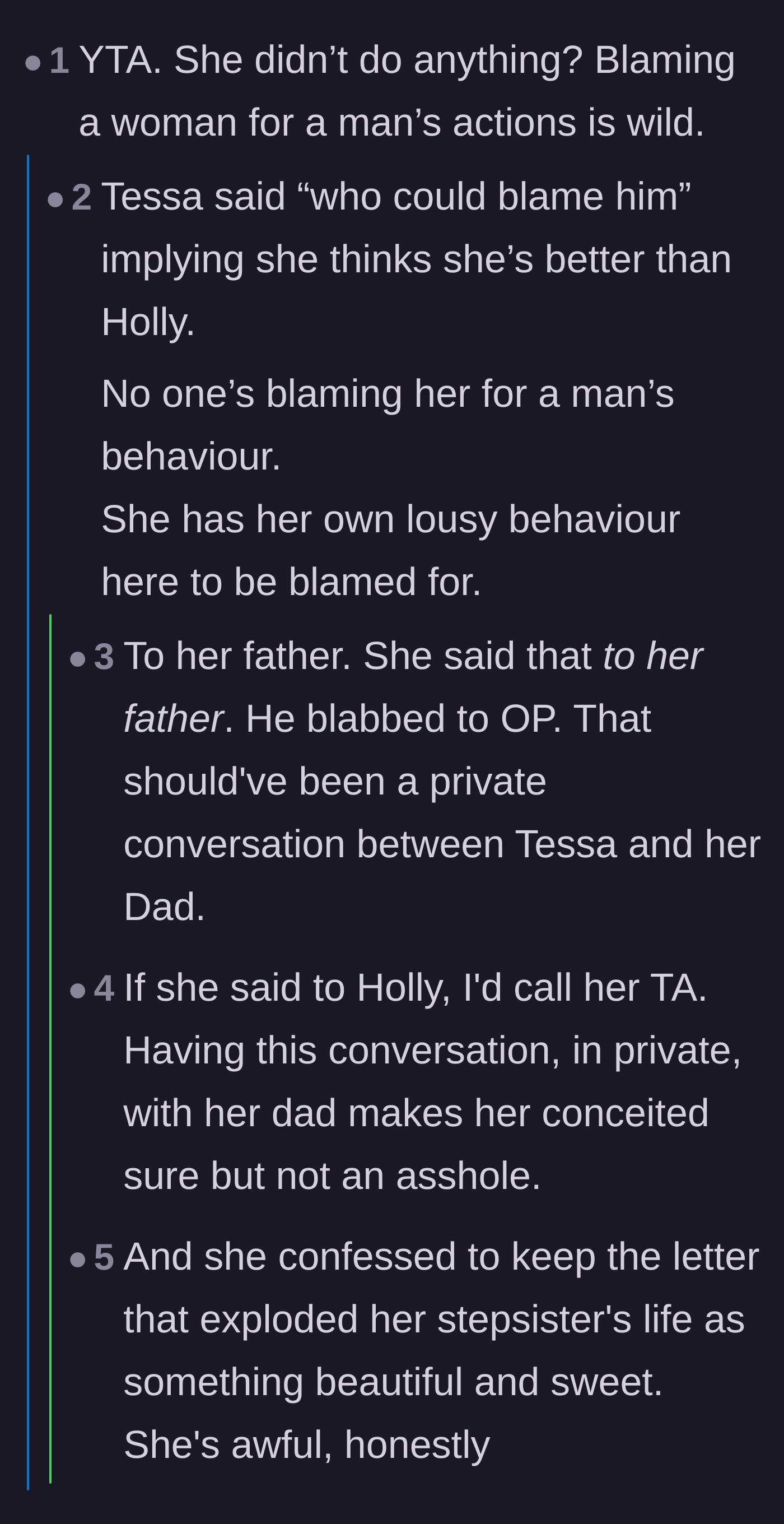 Comment thread 2 - A discussion about how the father breaking his daughter's confidence made a tragic situation even worse.
