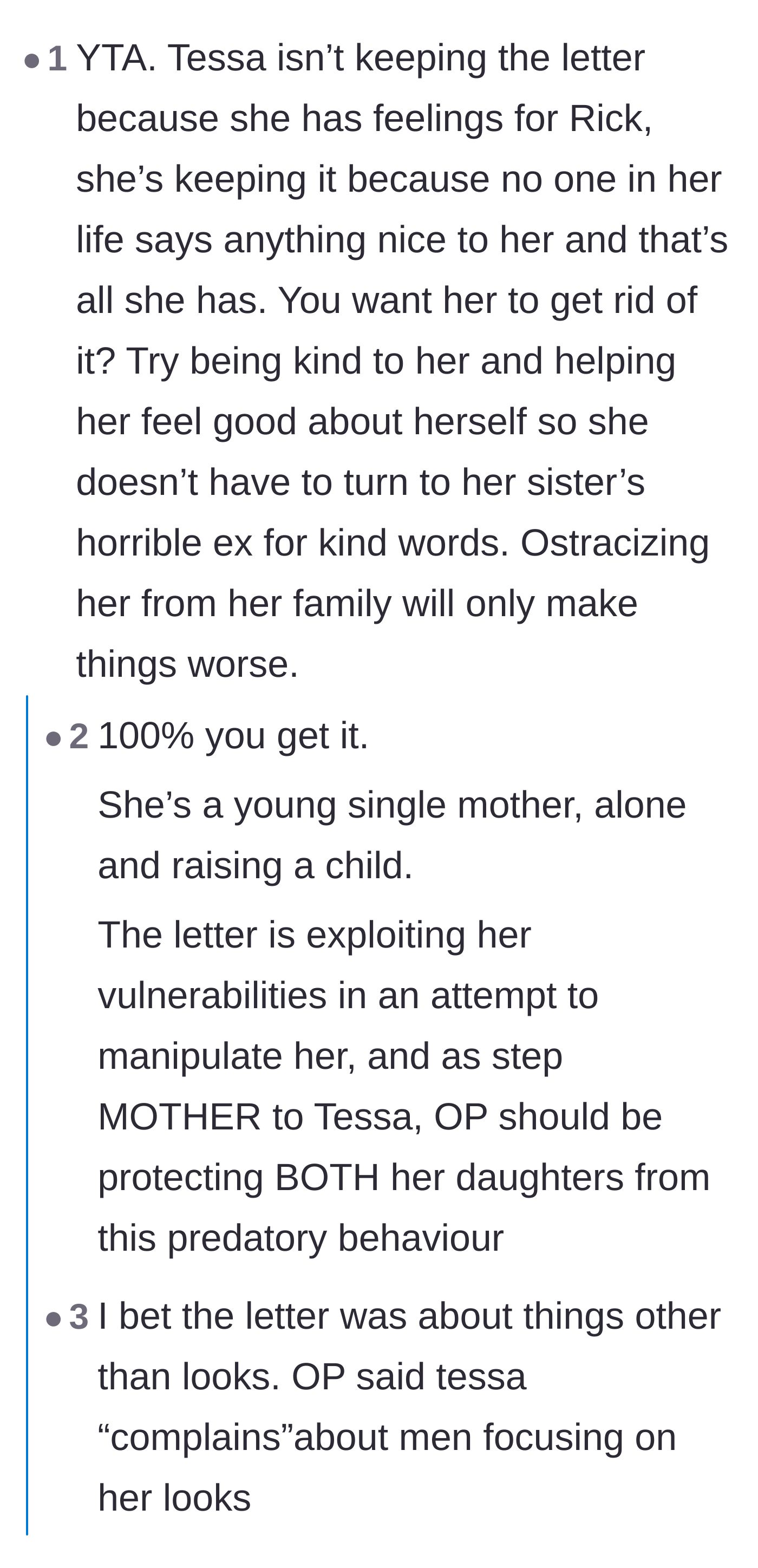 Comment thread 5 - A compassionate take on why the single mother stepdaughter might be desperately clinging to the love letter.