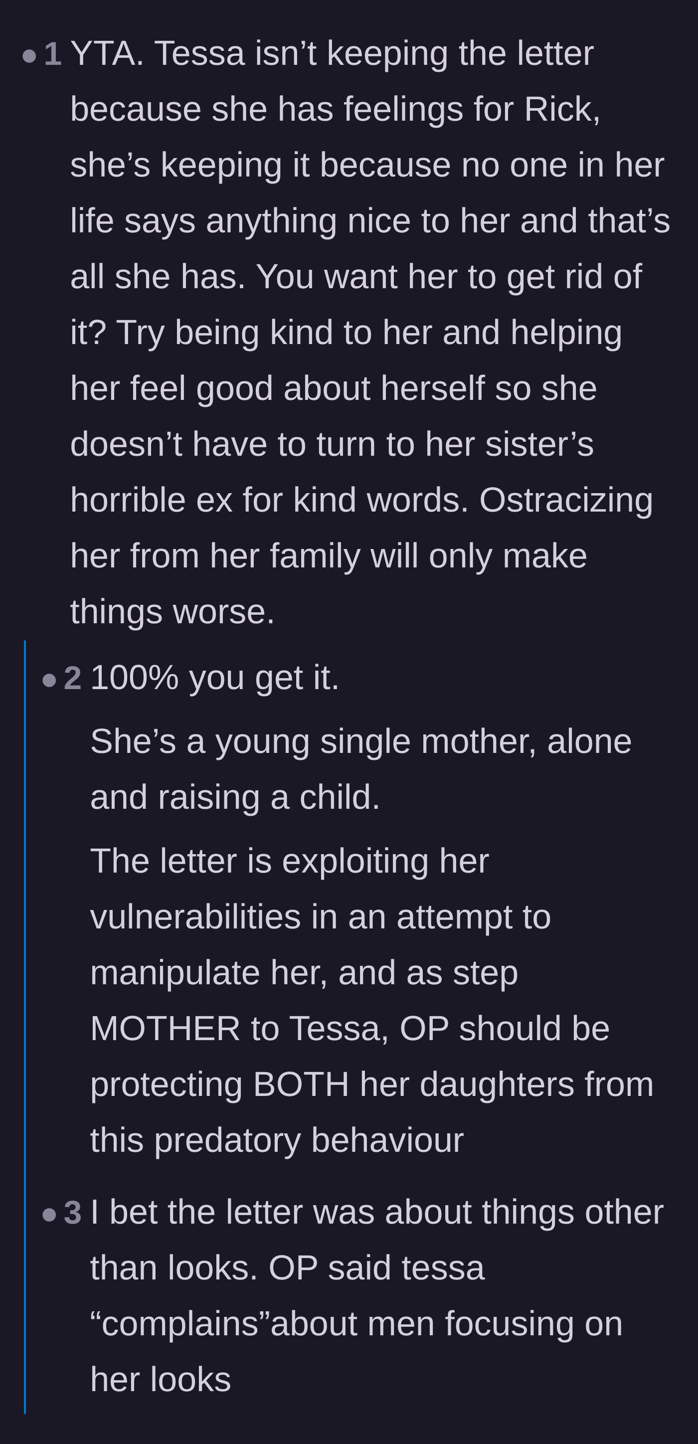 Comment thread 5 - A compassionate take on why the single mother stepdaughter might be desperately clinging to the love letter.