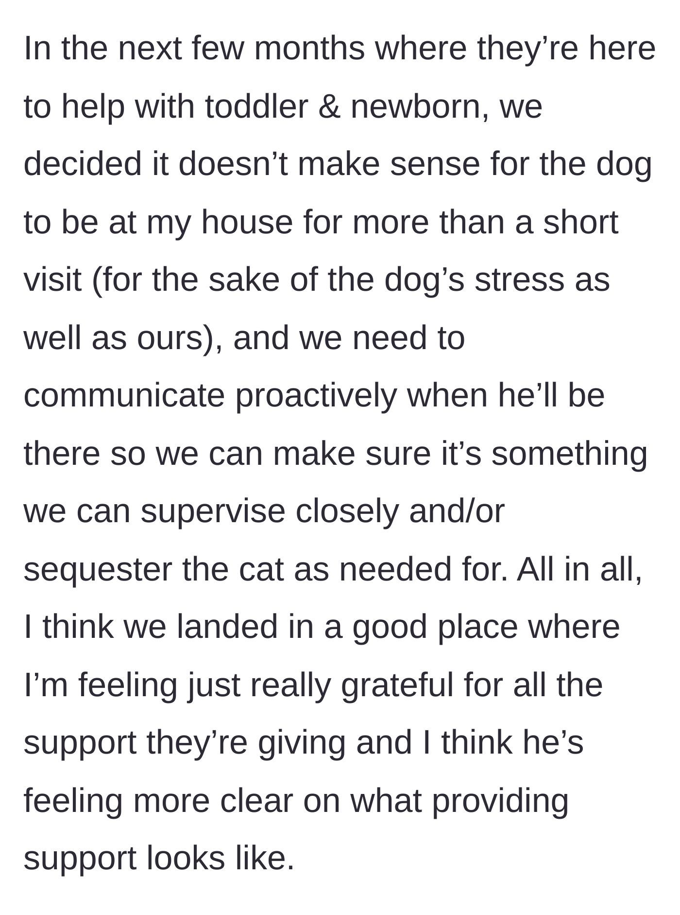 Story part 11 - They agree on strict new rules for the dog's visits and proactive communication, ending the conflict in a grateful and positive place.