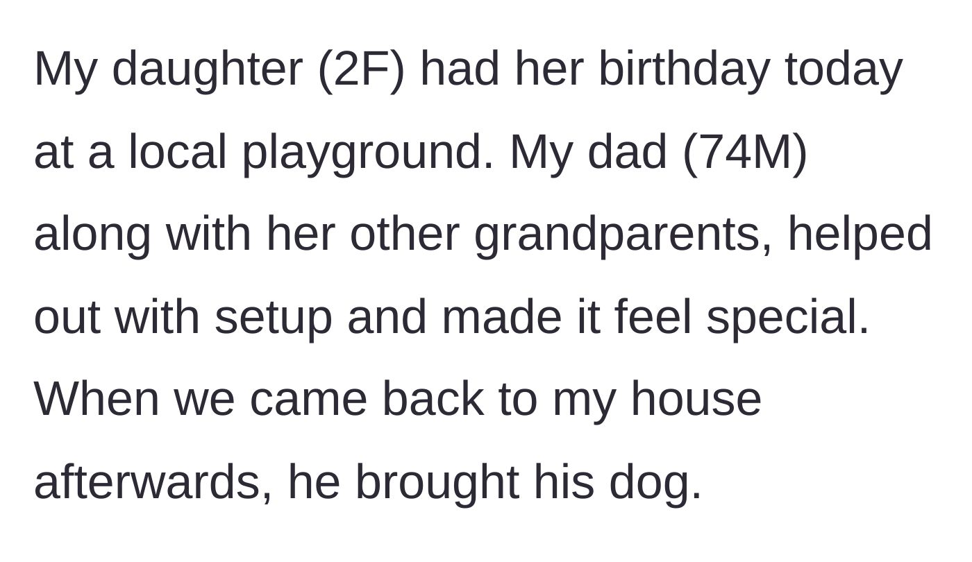 Story part 1 - Grandparents help set up a toddler's playground birthday, but grandpa brings his dog to the house afterward.
