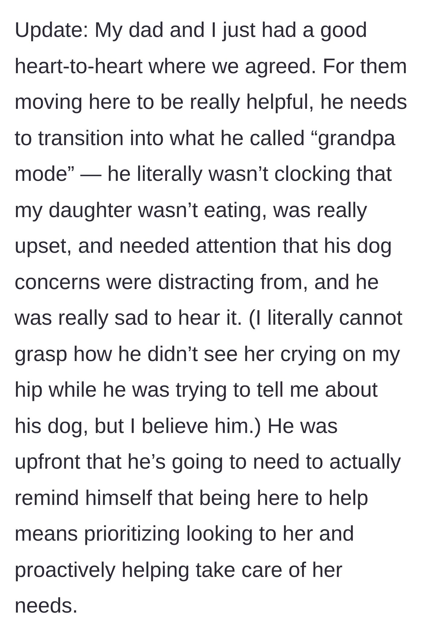 Story part 8 - In an update, the dad and mom have a talk where he admits he was oblivious to the crying child and needs to shift into 'grandpa mode.'
