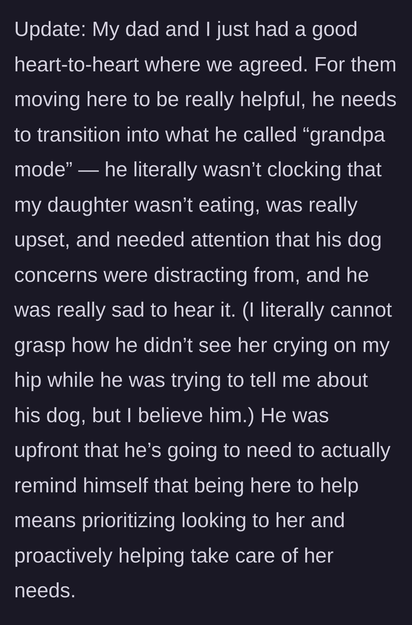 Story part 8 - In an update, the dad and mom have a talk where he admits he was oblivious to the crying child and needs to shift into 'grandpa mode.'