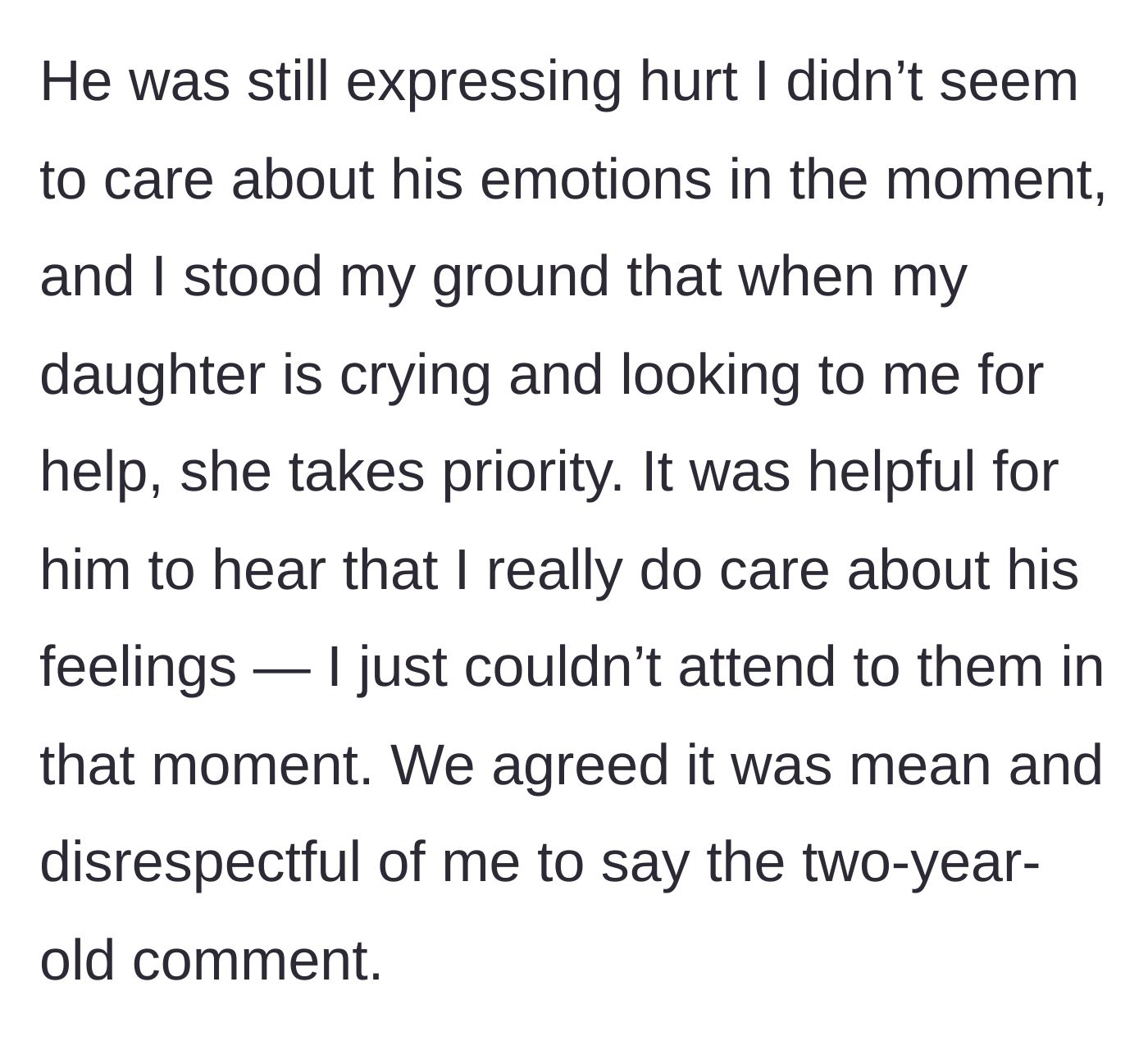 Story part 9 - The mom holds her boundary that the toddler comes first, but reassures her dad she cares about his feelings and apologizes for her harsh comment.