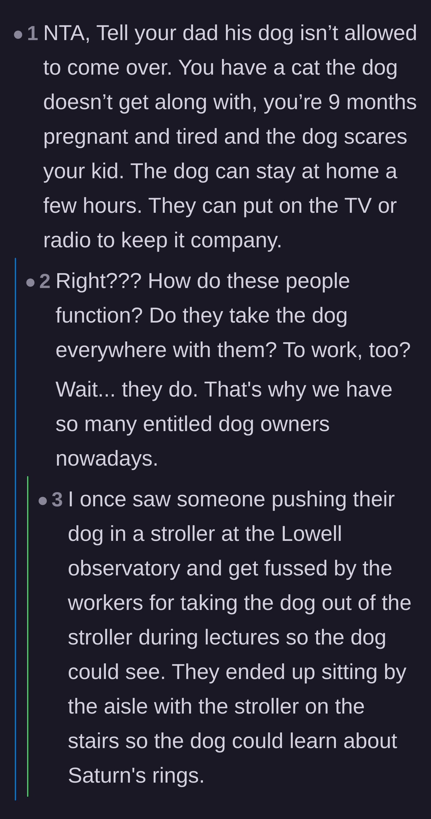 Comment thread 3 - Commenters mocking entitled pet owners, including a wild story about a dog in a stroller at an observatory.