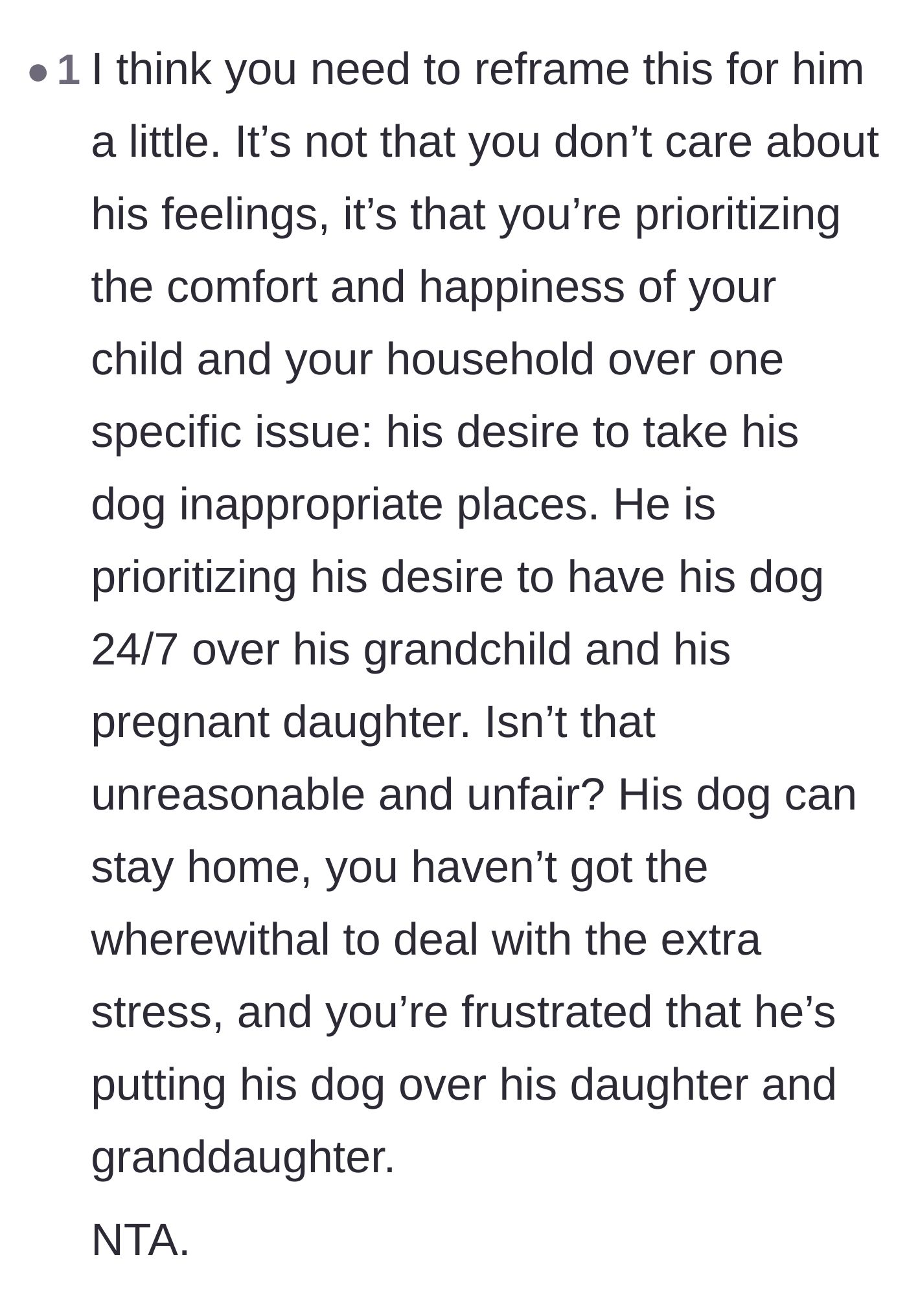Comment thread 6 - Perfect advice on how to reframe the argument so the grandfather realizes he is prioritizing his dog over his family.