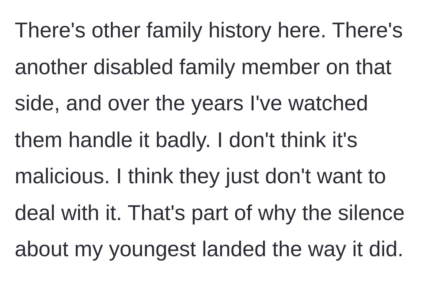 Story part 6 - The mother reveals a dark family history of ignoring disabled relatives, proving this isn't an isolated incident.