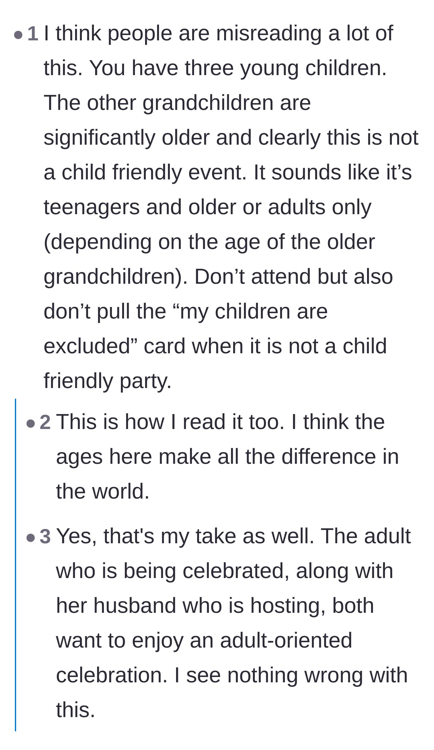 Comment thread 2 - Readers discussing whether the event was simply an adults-only party and how poorly the grandfather communicated his boundaries.