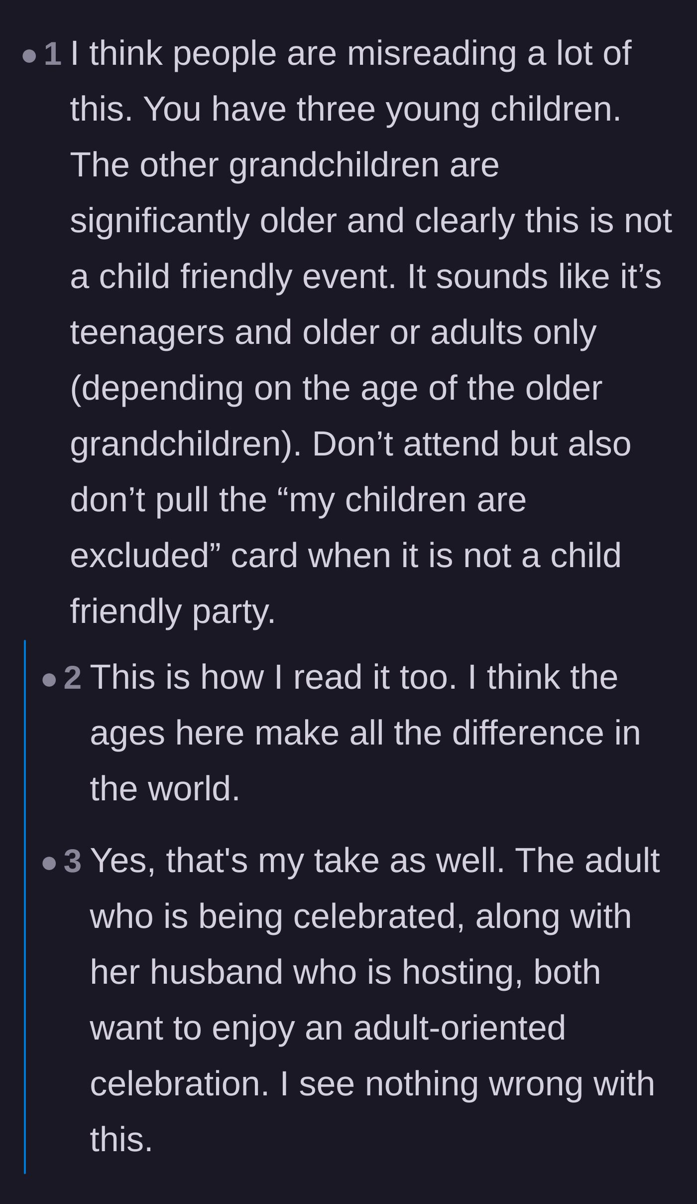 Comment thread 2 - Readers discussing whether the event was simply an adults-only party and how poorly the grandfather communicated his boundaries.