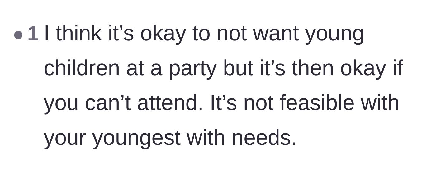 Comment thread 6 - A simple statement that while child-free parties are fine, hosts must accept when parents cannot attend.