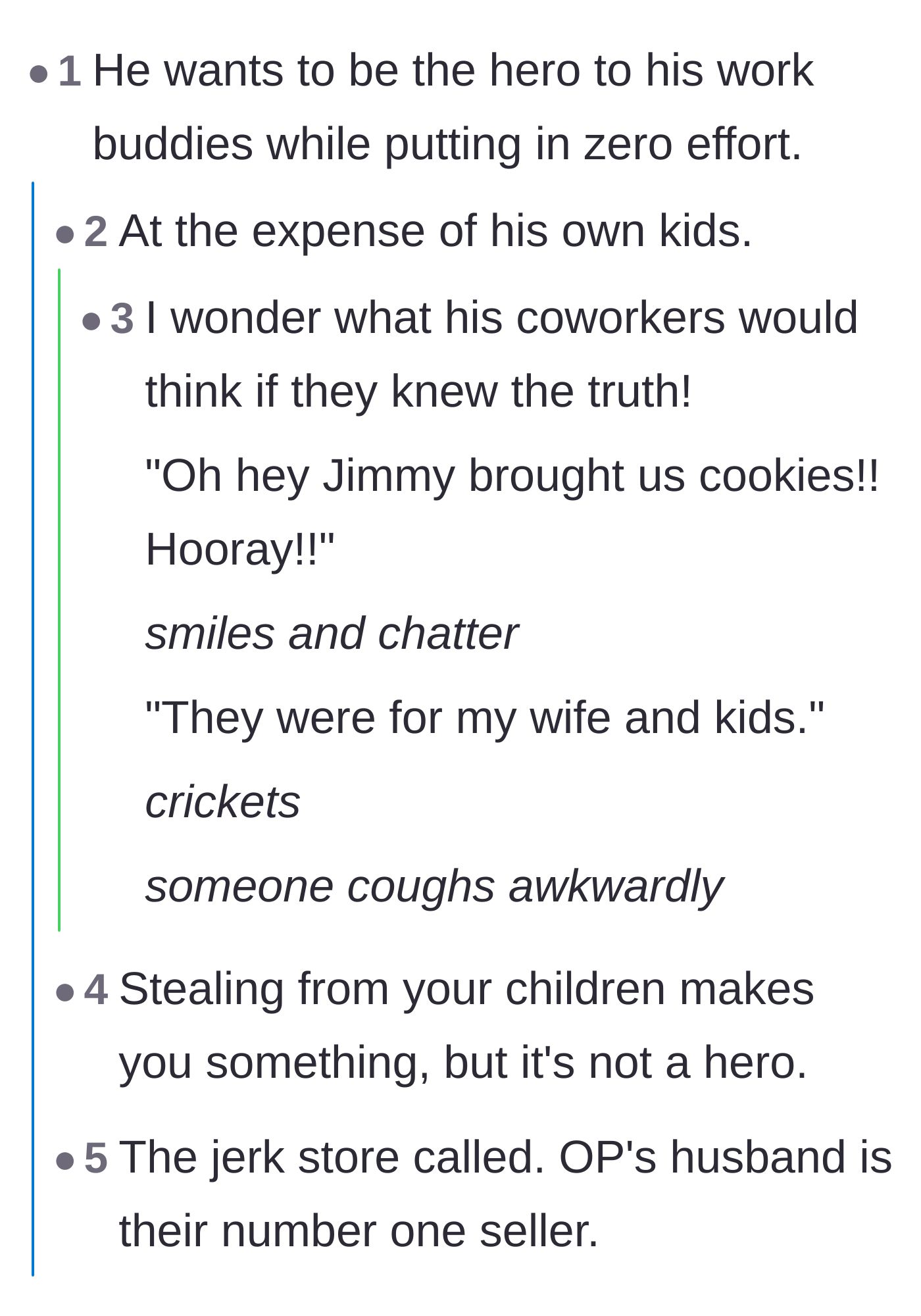 Comment thread 1 - Readers discussing the husband's desire to look like a hero at work while leaving his own children empty-handed.
