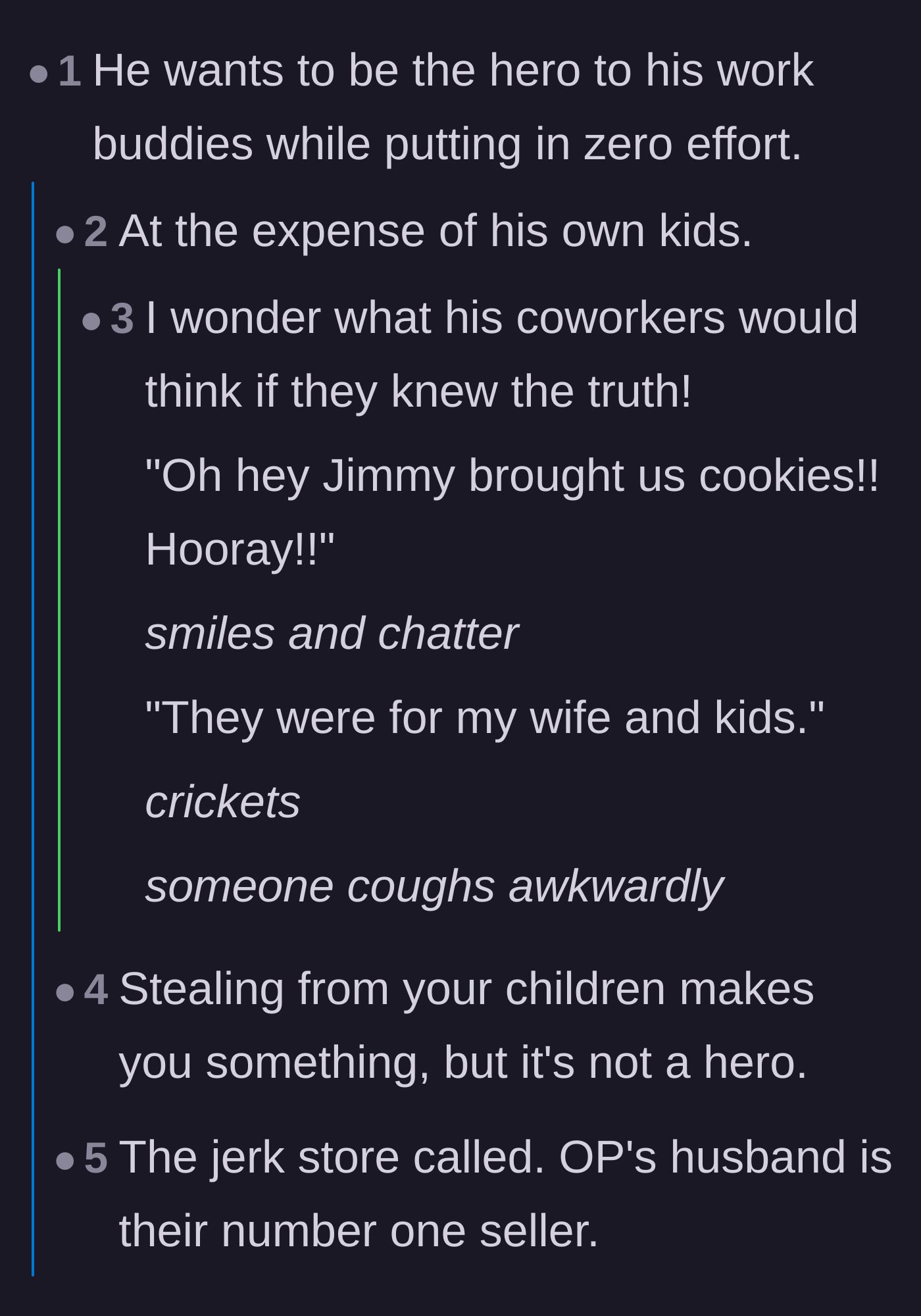 Comment thread 1 - Readers discussing the husband's desire to look like a hero at work while leaving his own children empty-handed.