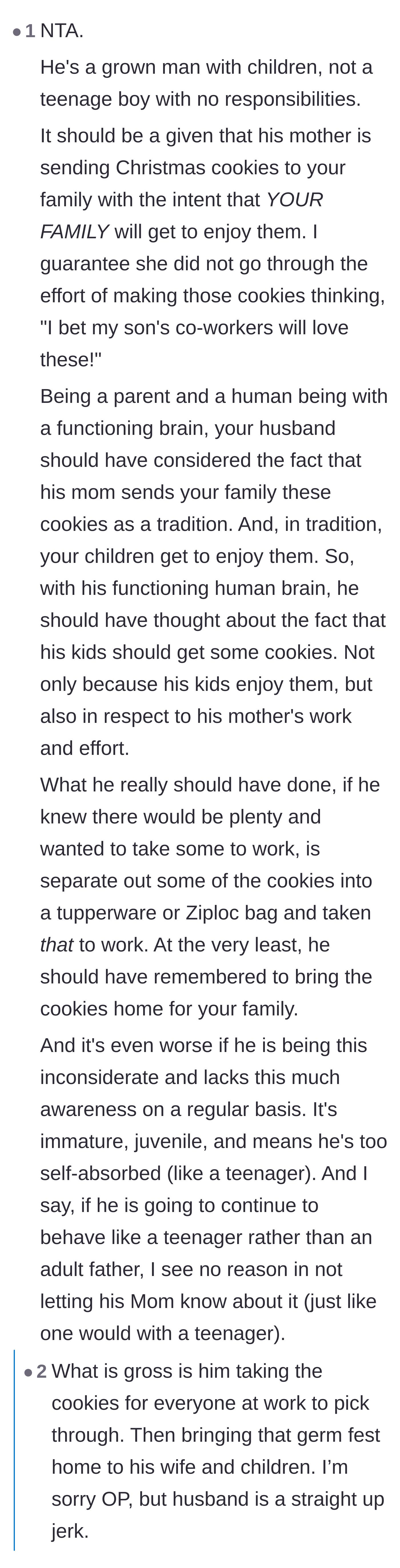 Comment thread 3 - A breakdown of why the husband's behavior is disrespectful to both his mother's labor and his family's traditions.