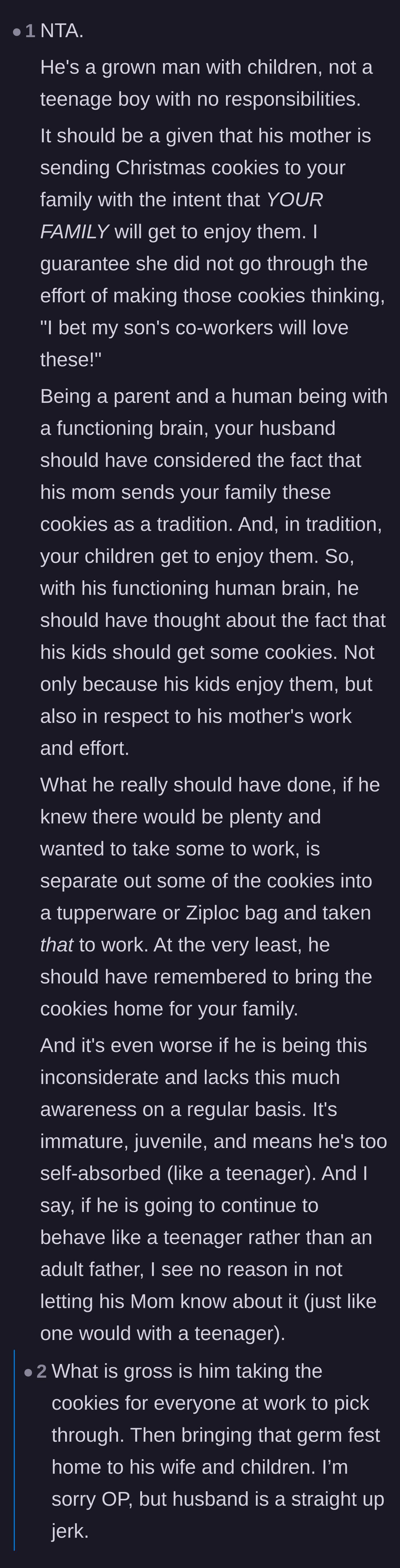 Comment thread 3 - A breakdown of why the husband's behavior is disrespectful to both his mother's labor and his family's traditions.