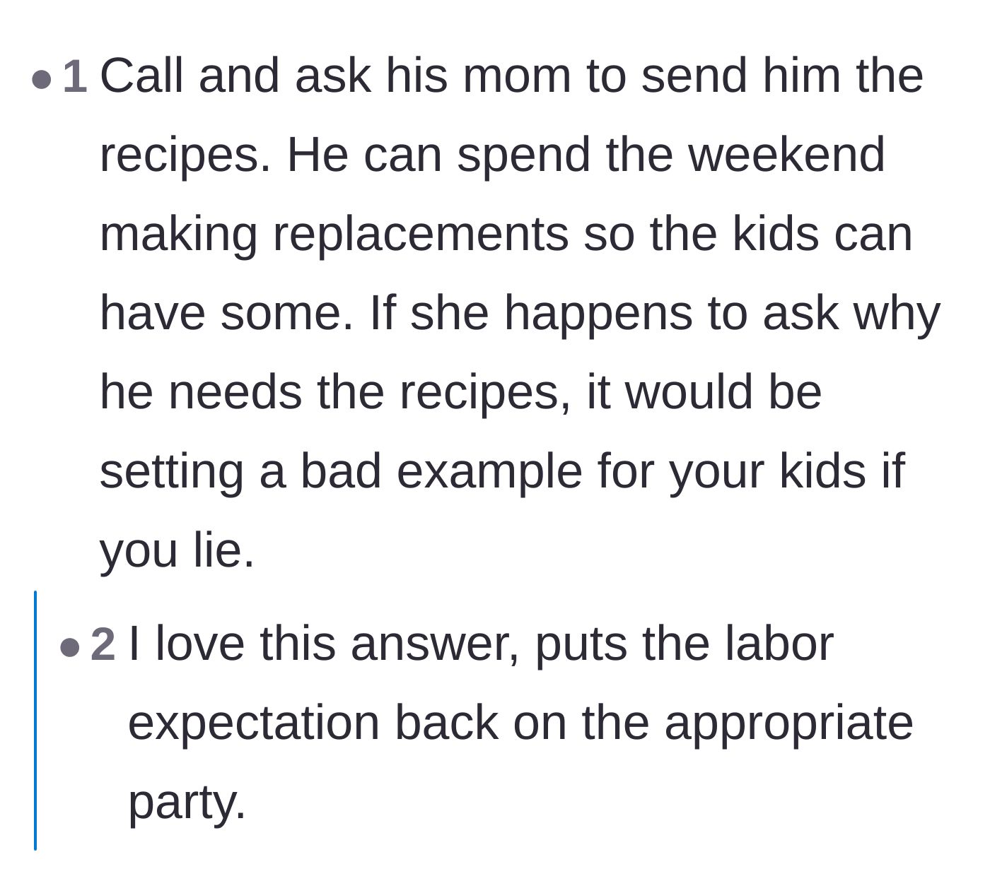 Comment thread 6 - A clever suggestion to make the husband bake replacement cookies from scratch using his mother's recipes.