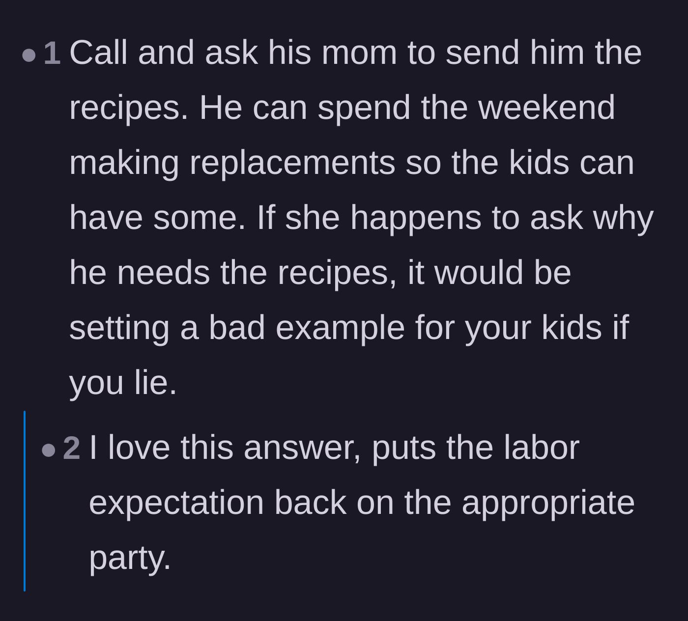 Comment thread 6 - A clever suggestion to make the husband bake replacement cookies from scratch using his mother's recipes.