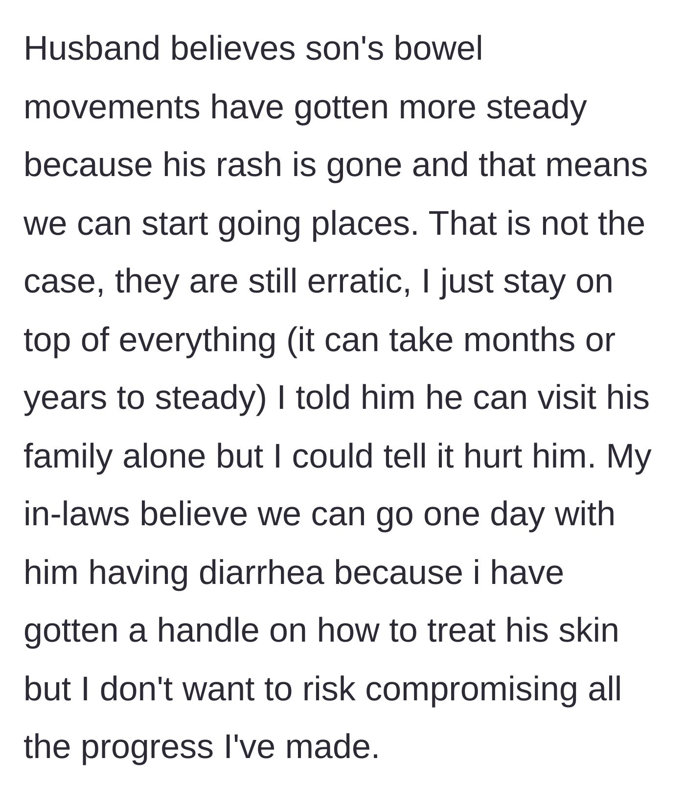 Story part 5 - The husband wrongly assumes the baby is cured because the rash is gone, and the in-laws suggest risking a day of diarrhea just to visit.