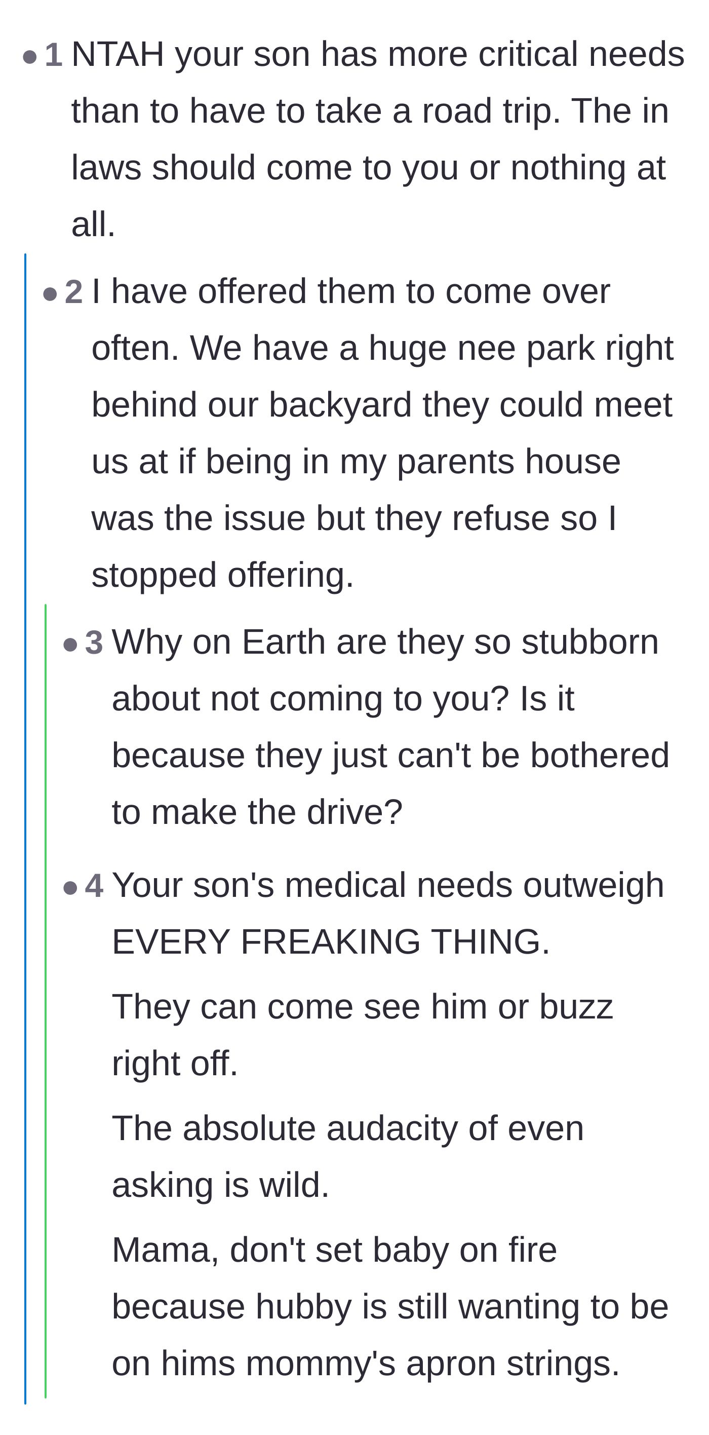 Comment thread 2 - Commenters discuss how the in-laws refusing to visit the mother's house is a selfish power play for control.