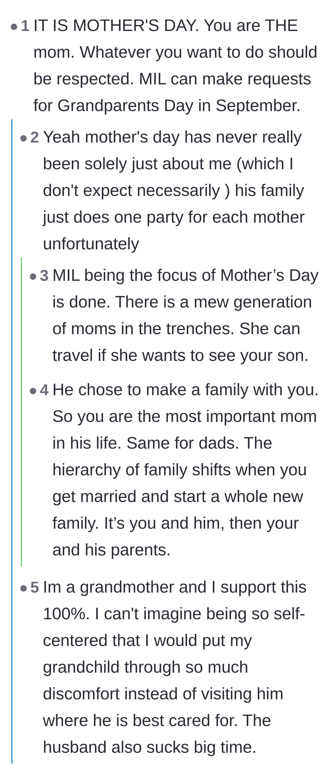 Comment thread 3 - A discussion about how Mother's Day should prioritize the mother currently in the trenches over the grandmother.