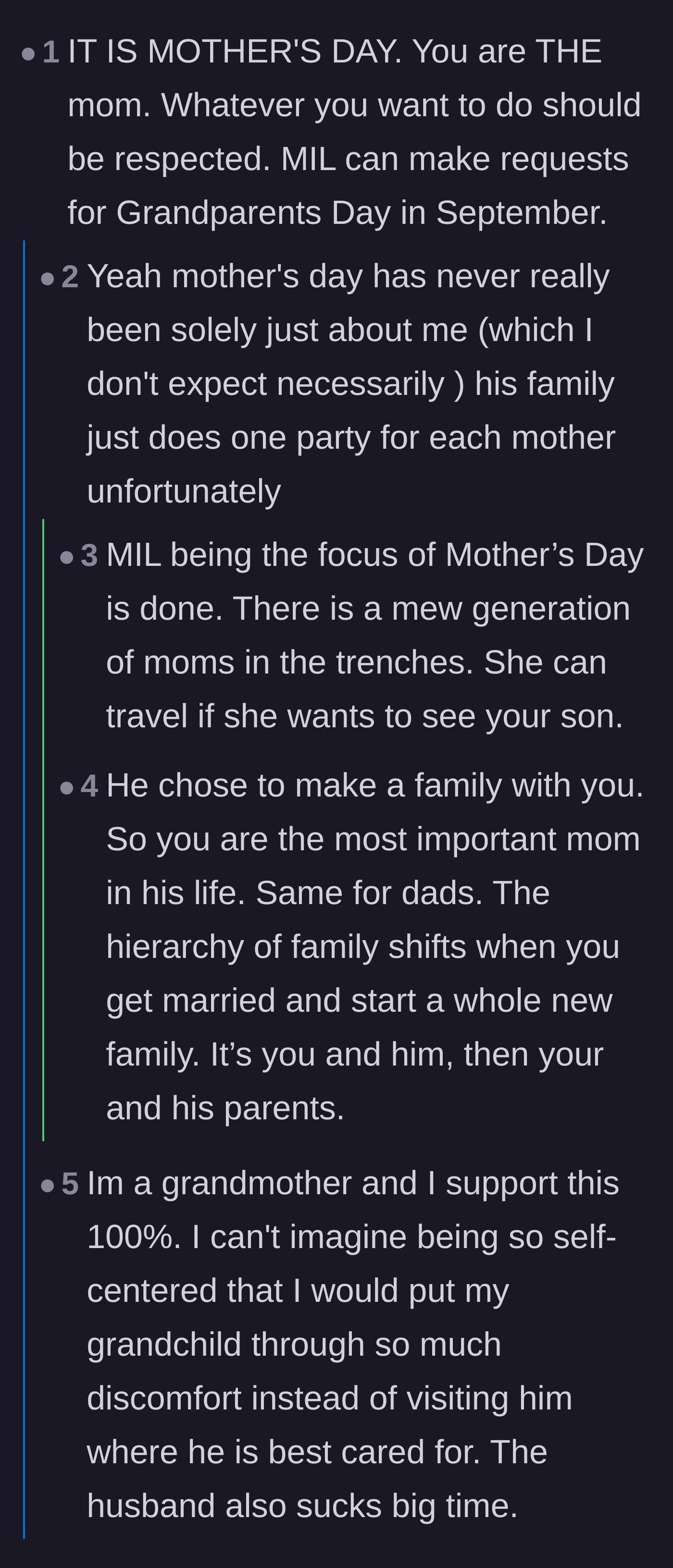Comment thread 3 - A discussion about how Mother's Day should prioritize the mother currently in the trenches over the grandmother.